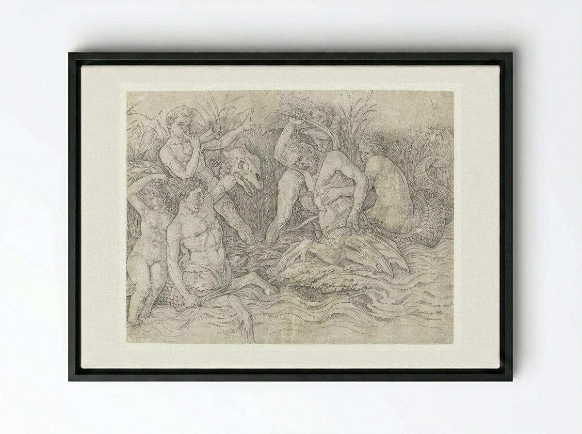 Gevecht tussen tritons met nereïden op hun rug - Andrea Mantegna - Framed Canvas Black