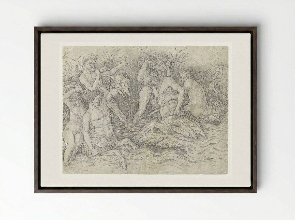 Gevecht tussen tritons met nereïden op hun rug - Andrea Mantegna - Framed Canvas Dark Wood