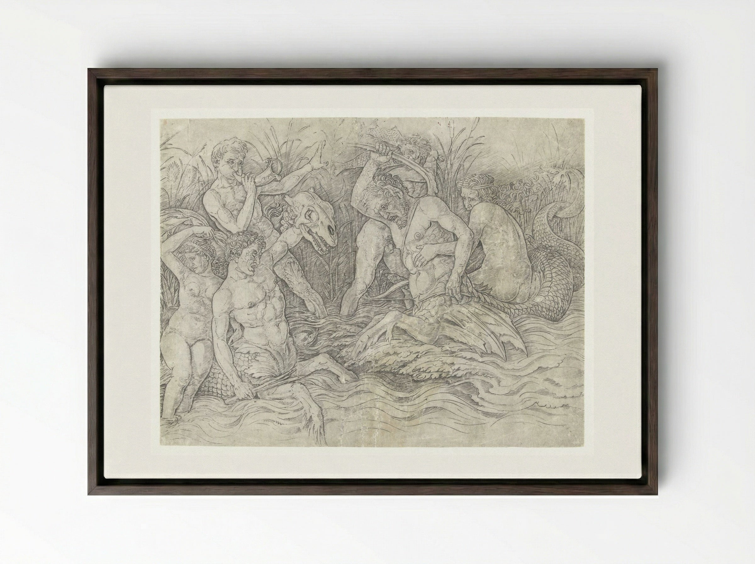 Gevecht tussen tritons met nereïden op hun rug - Andrea Mantegna - Framed Canvas Dark Wood