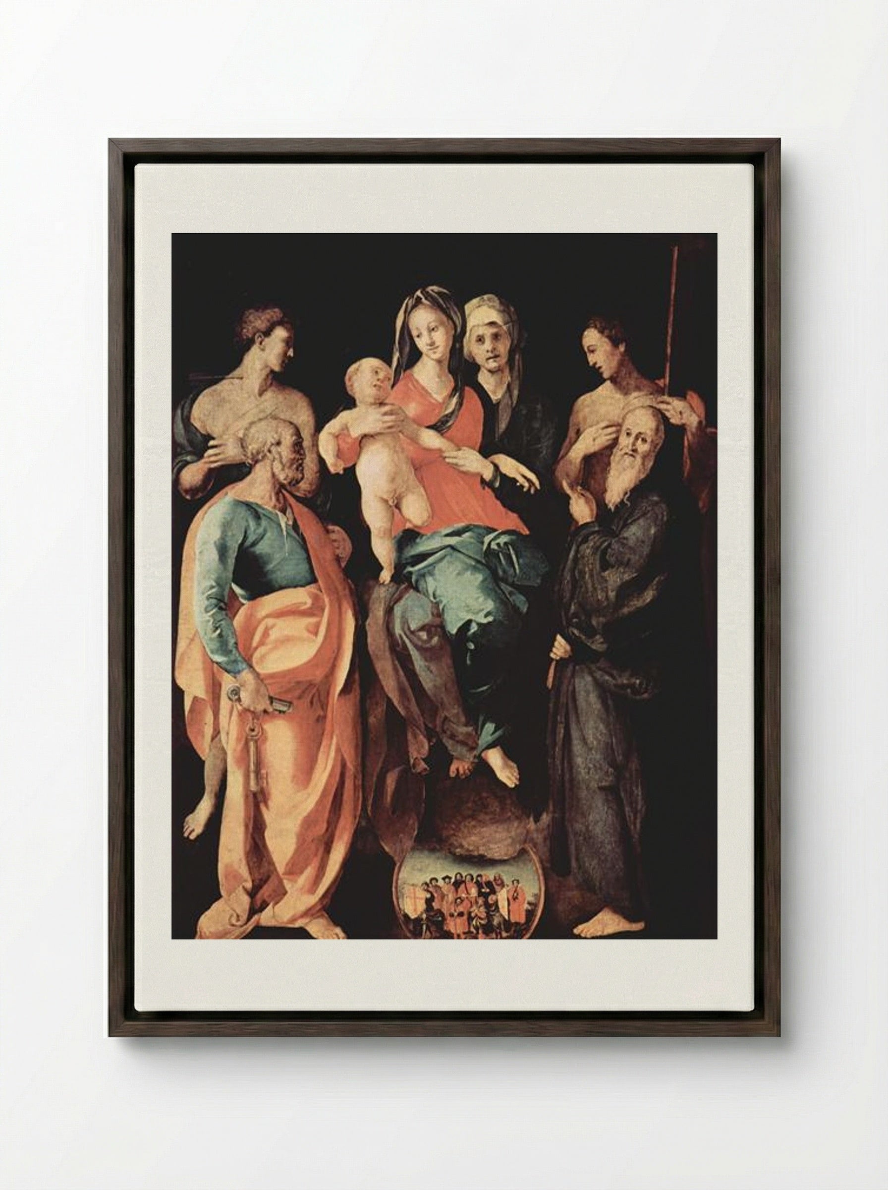 Madonna with St. Anne, St. Sebastian, St. Peter, St. Benedict and St. Filippus - Jacopo Pontormo - Framed Canvas Dark Wood
