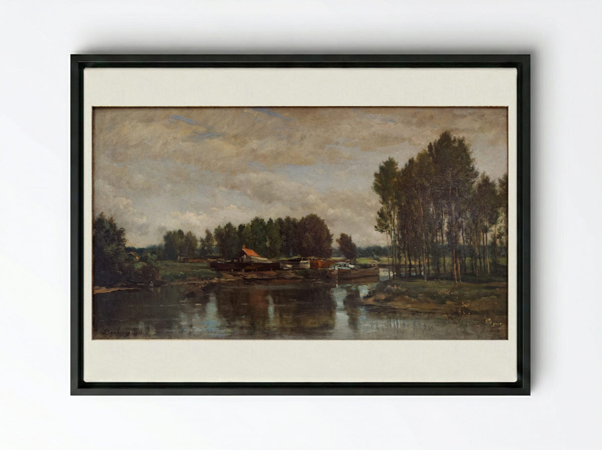 Boats on the Oise - Charles-Francois Daubigny - Framed Canvas Black
