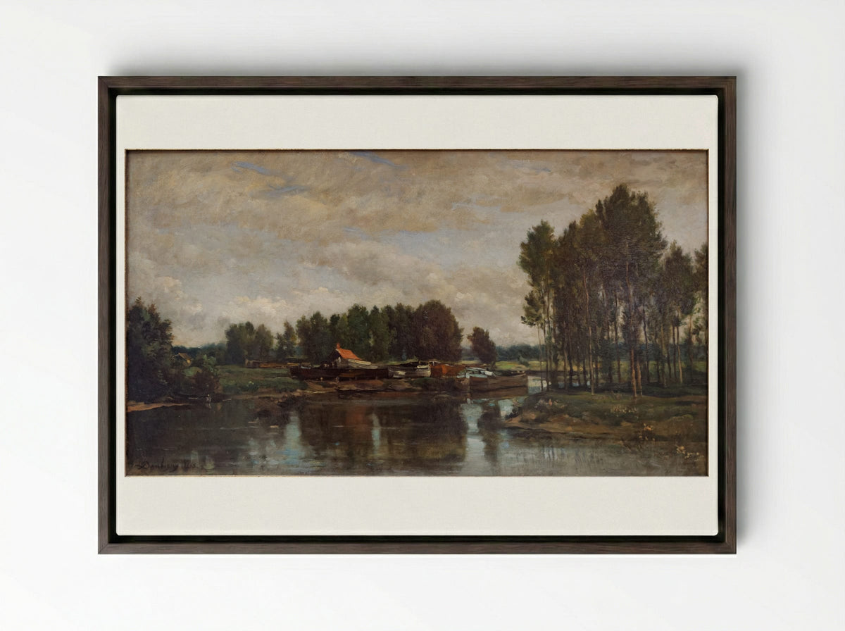 Boats on the Oise - Charles-Francois Daubigny - Framed Canvas Dark Wood