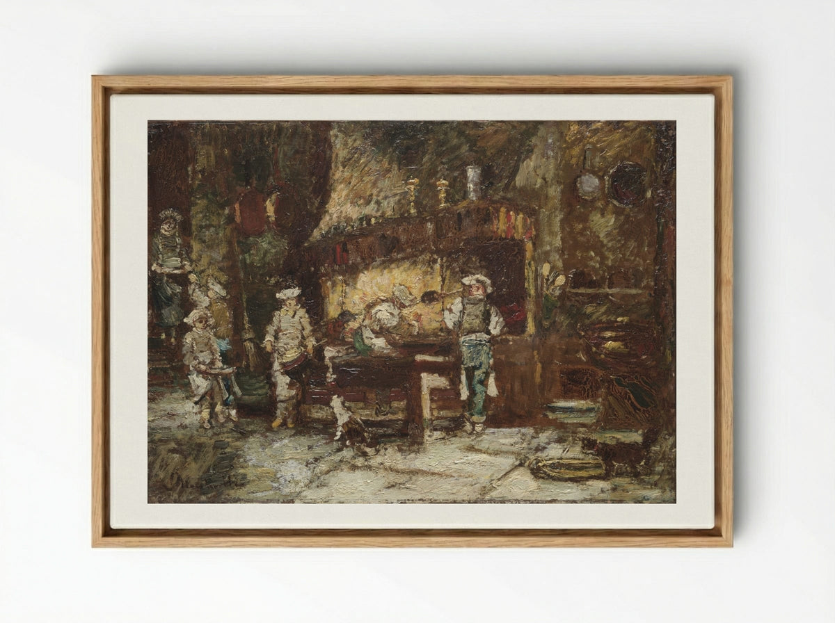 The Kitchen of the Rôtisserie des Deux Paons - Adolphe Monticelli - Framed Canvas Wood