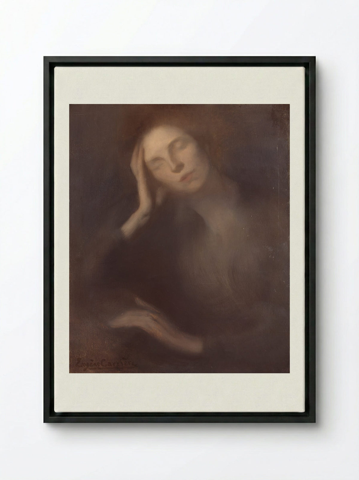 Woman Leaning on a Table - Eugène Carrière - Framed Canvas Black