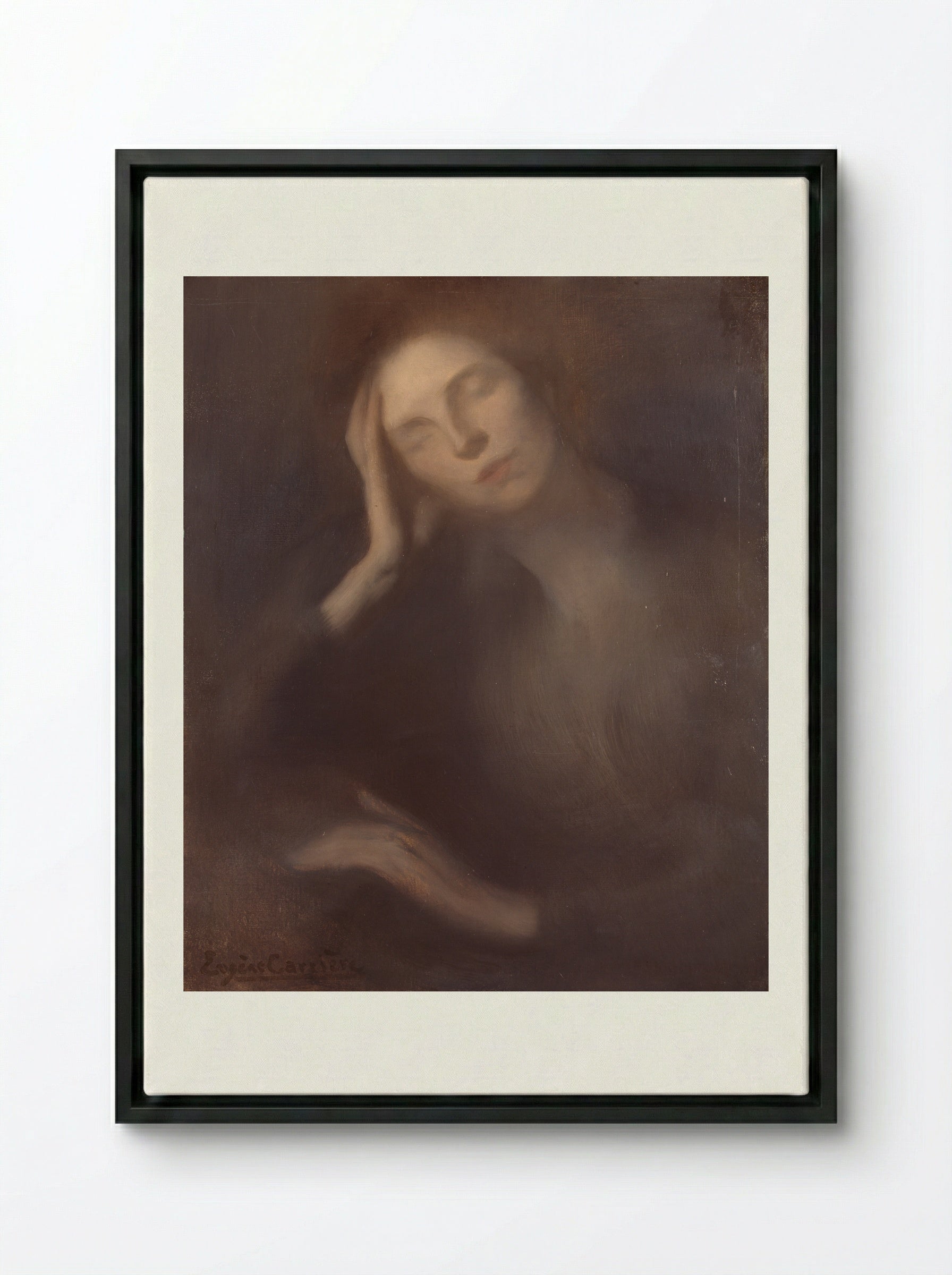 Woman Leaning on a Table - Eugène Carrière - Framed Canvas Black