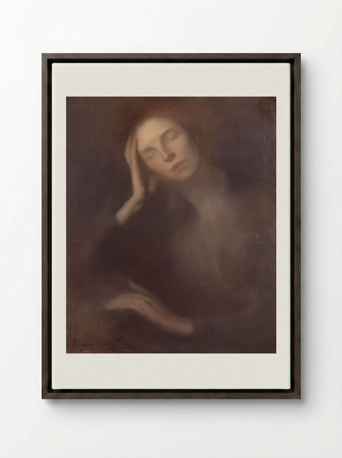 Woman Leaning on a Table - Eugène Carrière - Framed Canvas Dark Wood