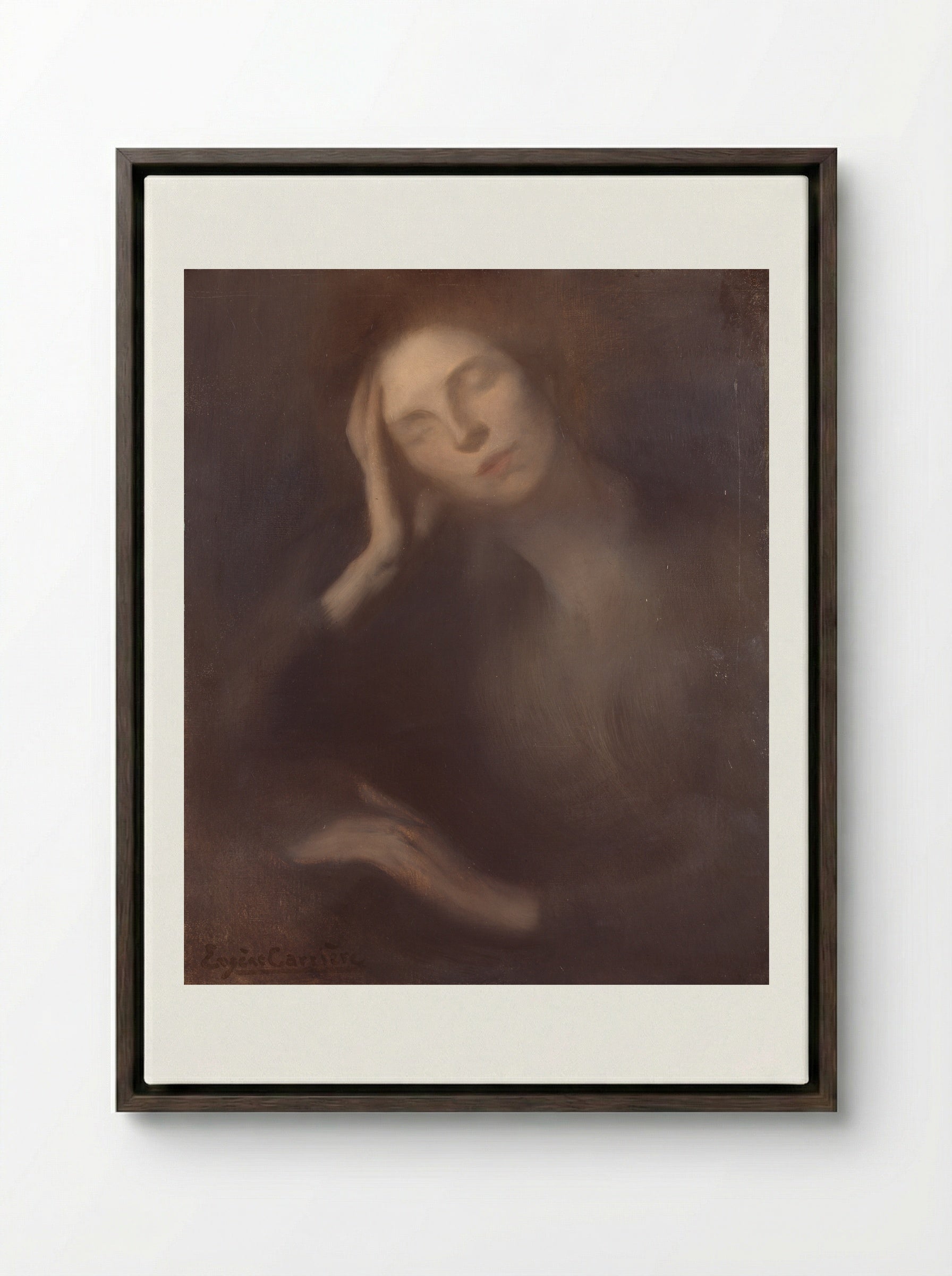 Woman Leaning on a Table - Eugène Carrière - Framed Canvas Dark Wood