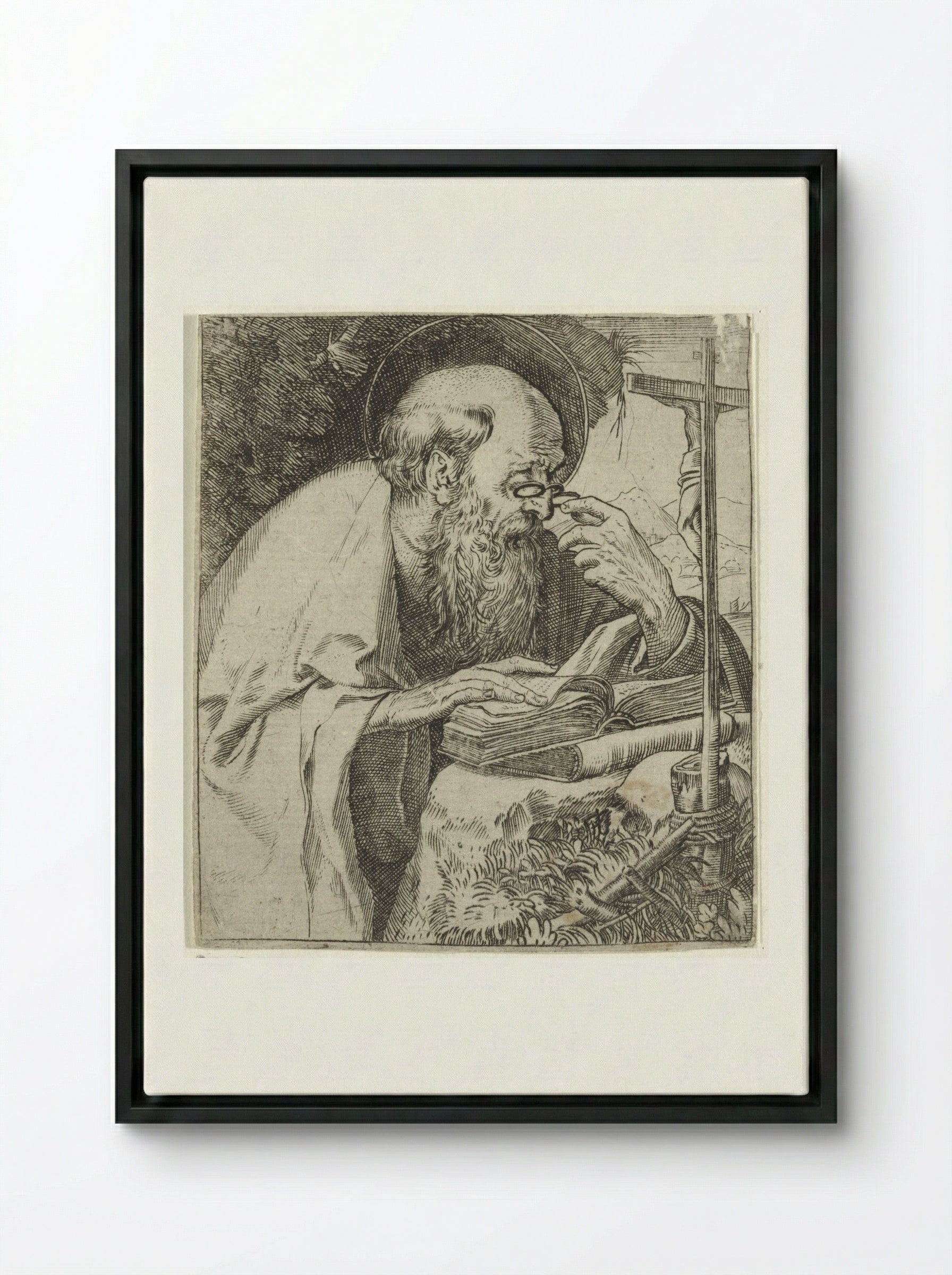 Saint Jerome Reading - Annibale Carracci - Framed Canvas Black