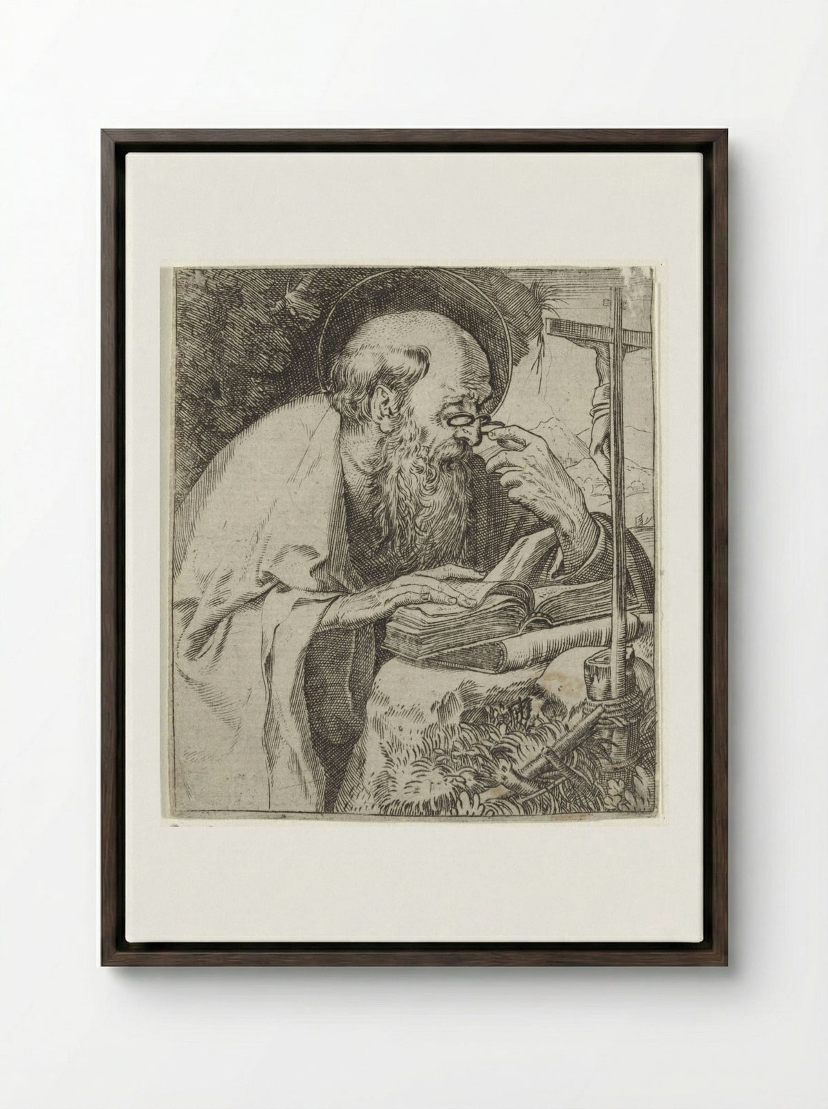Saint Jerome Reading - Annibale Carracci - Framed Canvas Dark Wood