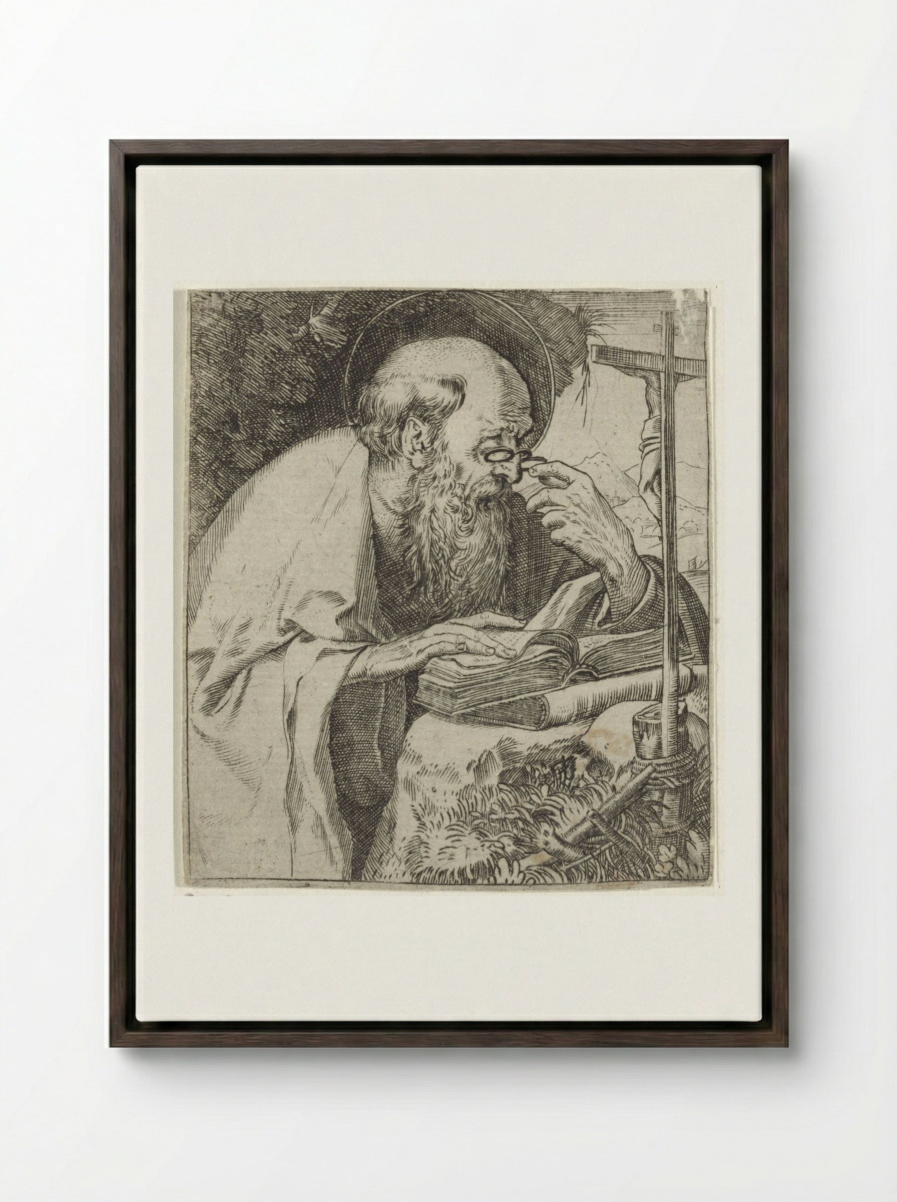Saint Jerome Reading - Annibale Carracci - Framed Canvas Dark Wood