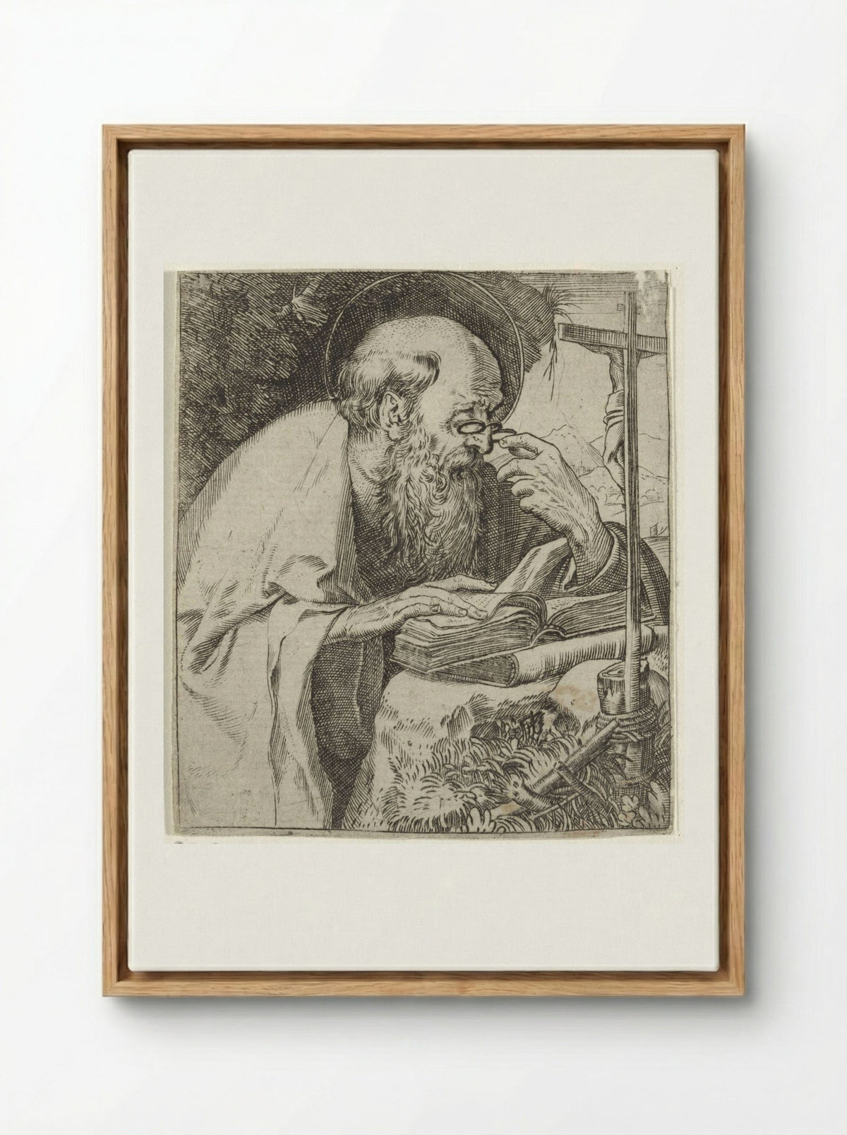 Saint Jerome Reading - Annibale Carracci - Framed Canvas Wood
