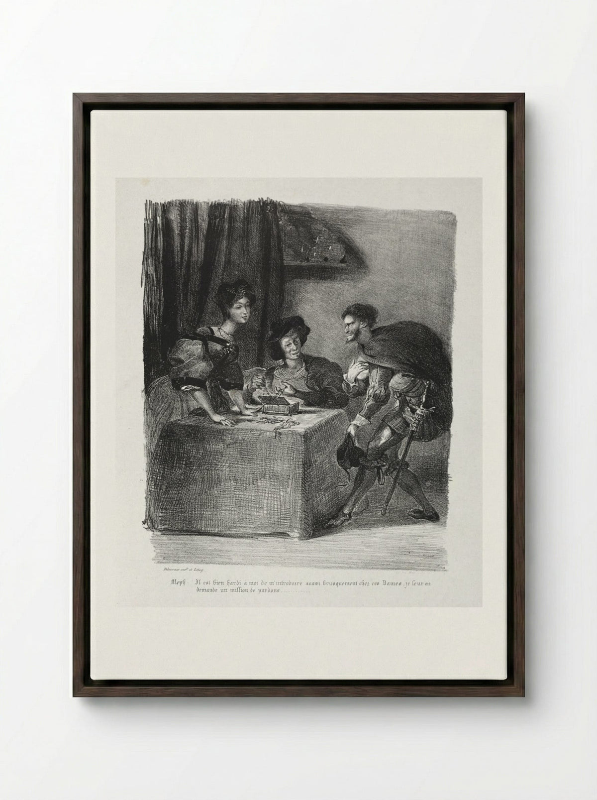 Illustrations for Faust: Méphistophélès is at Marthe - Eugène Delacroix - Framed Canvas Dark Wood
