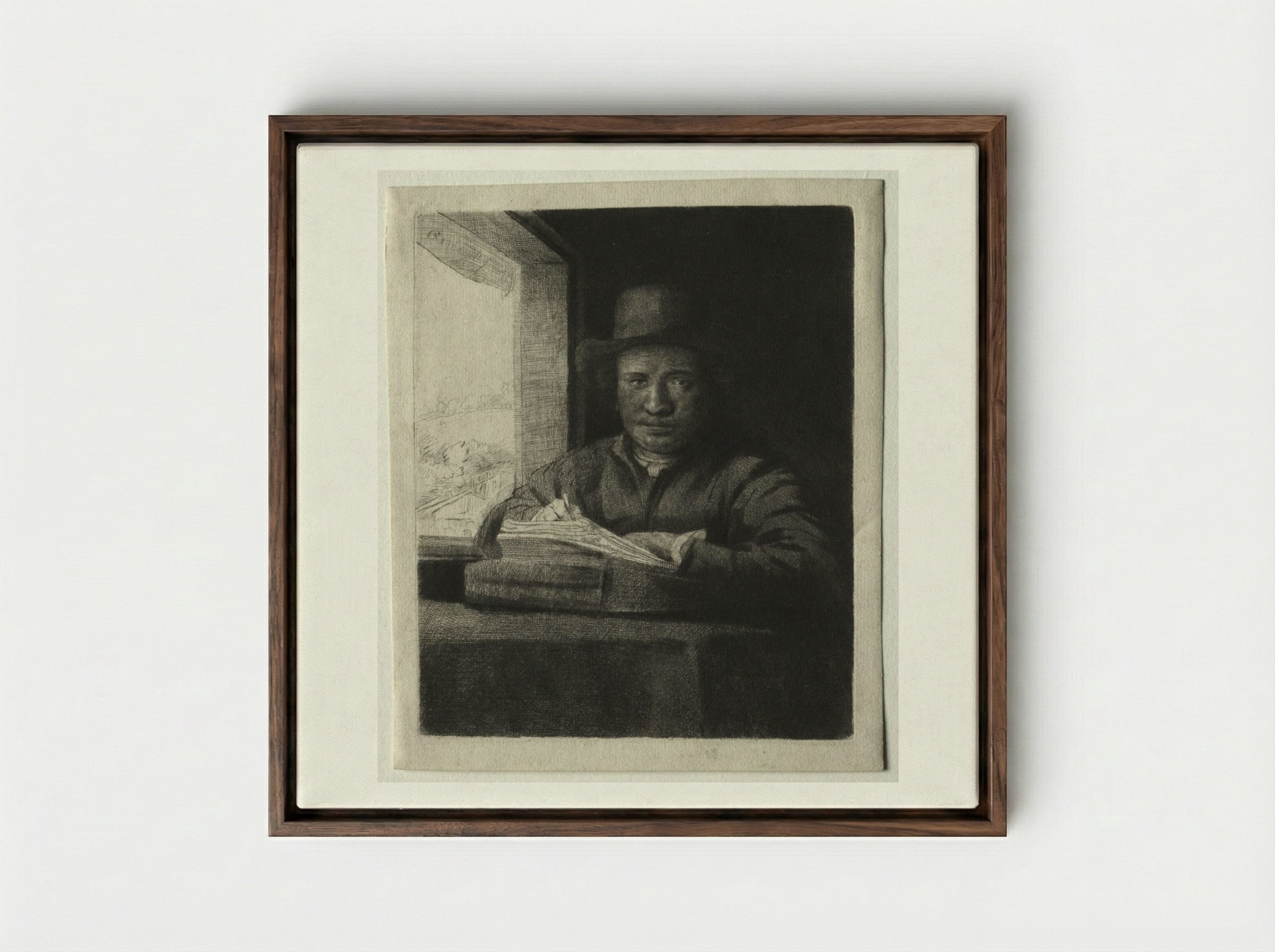 Self-Portrait Drawing at a Window - Rembrandt van Rijn - Framed Canvas Dark Wood