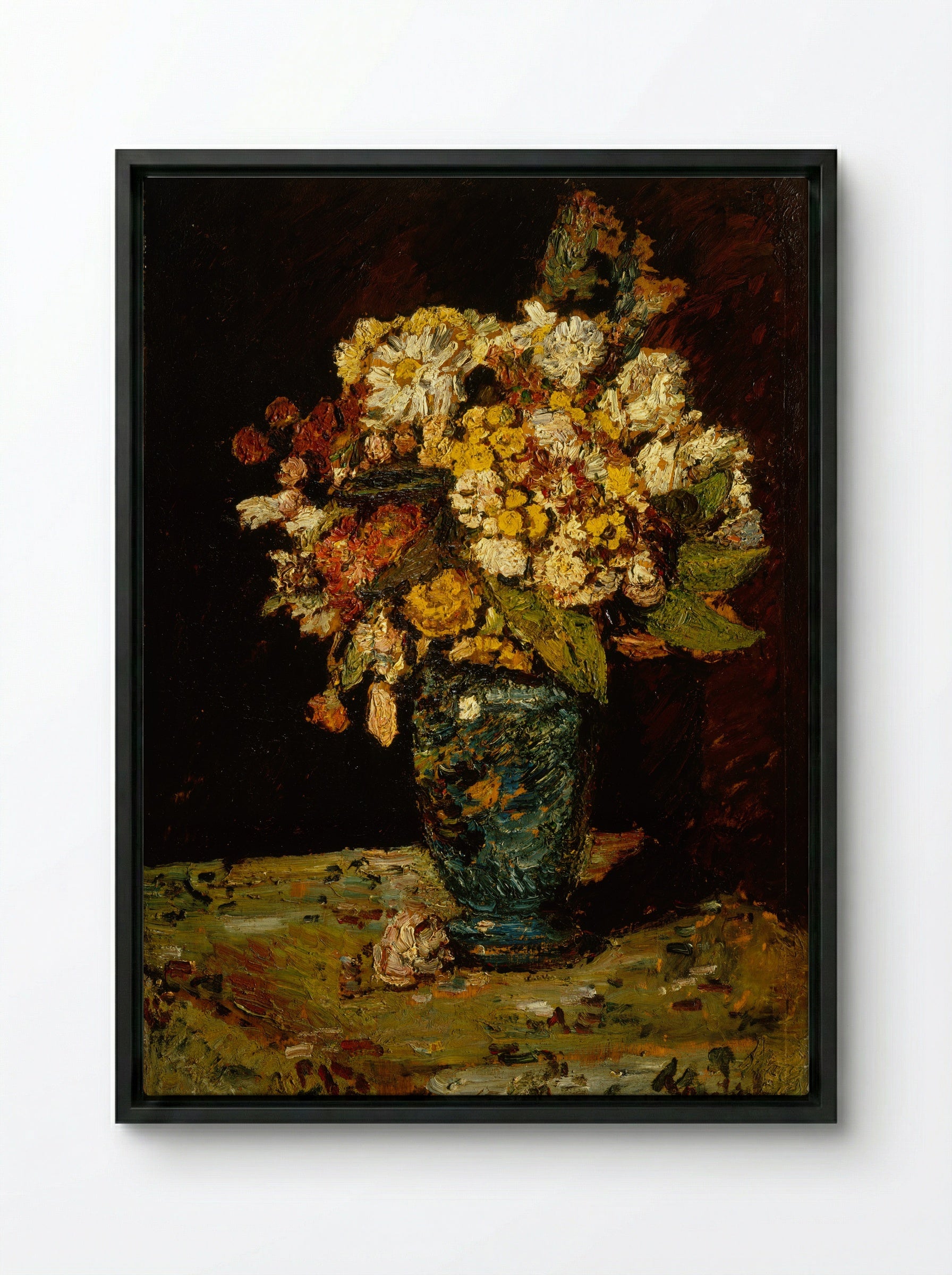 Flowers in a Blue Vase - Adolphe Monticelli - Framed Canvas Black