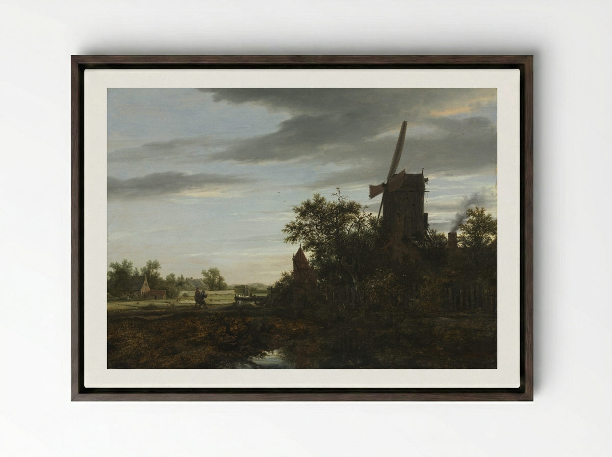 Landscape with a Windmill - Jacob van Ruisdael - Framed Canvas Dark Wood