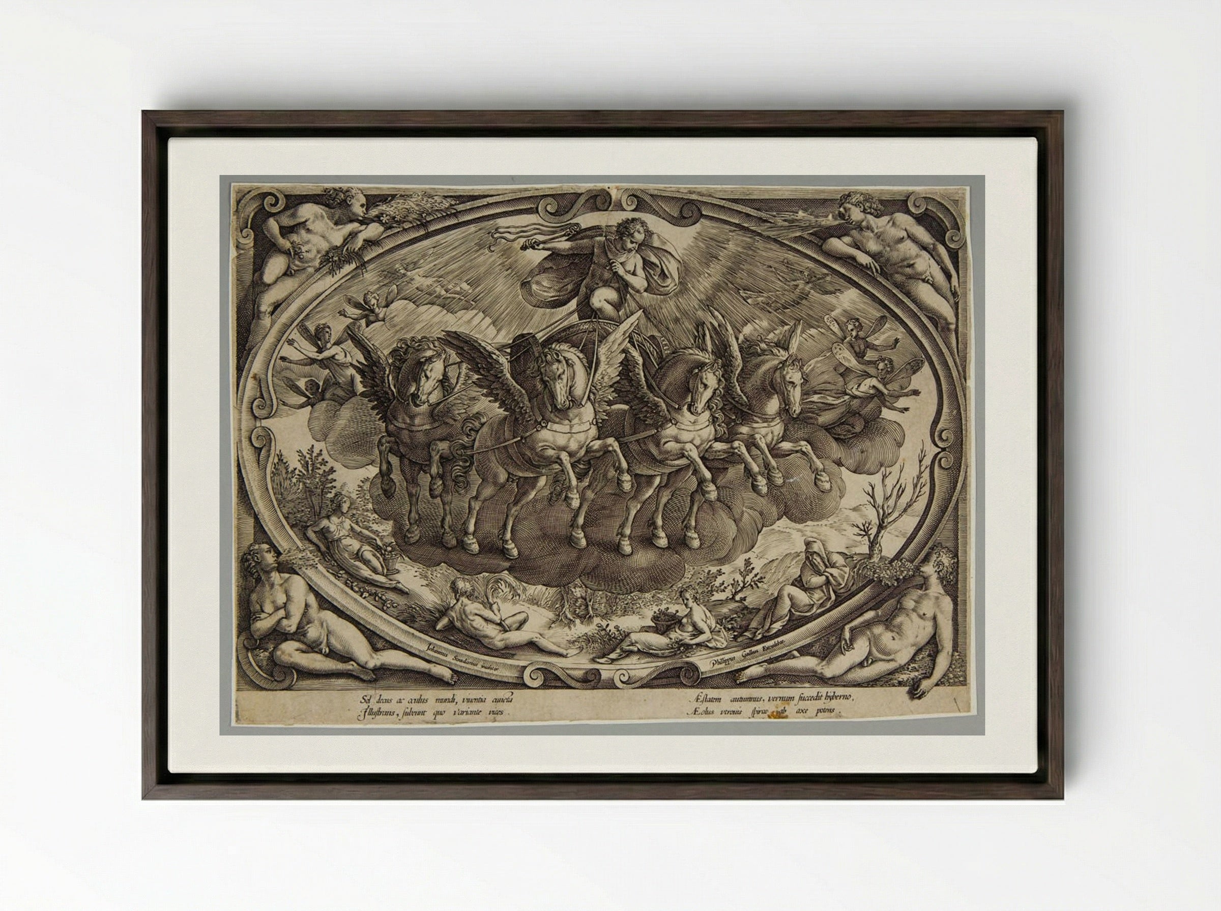 Title Plate: Sol and the Personifications of the Four Seasons - Philips Galle - Framed Canvas Dark Wood