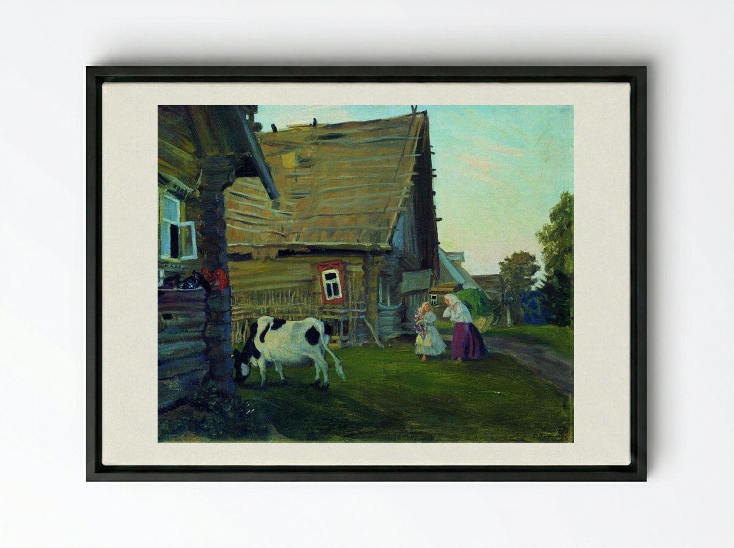 The Hut. Kostroma Province - Boris Kustodiev - Framed Canvas Black