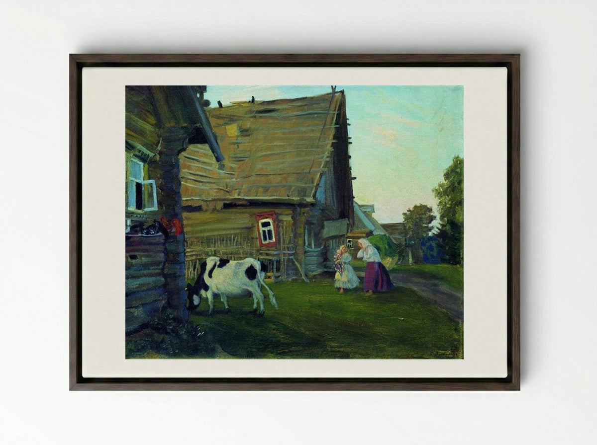 The Hut. Kostroma Province - Boris Kustodiev - Framed Canvas Dark Wood