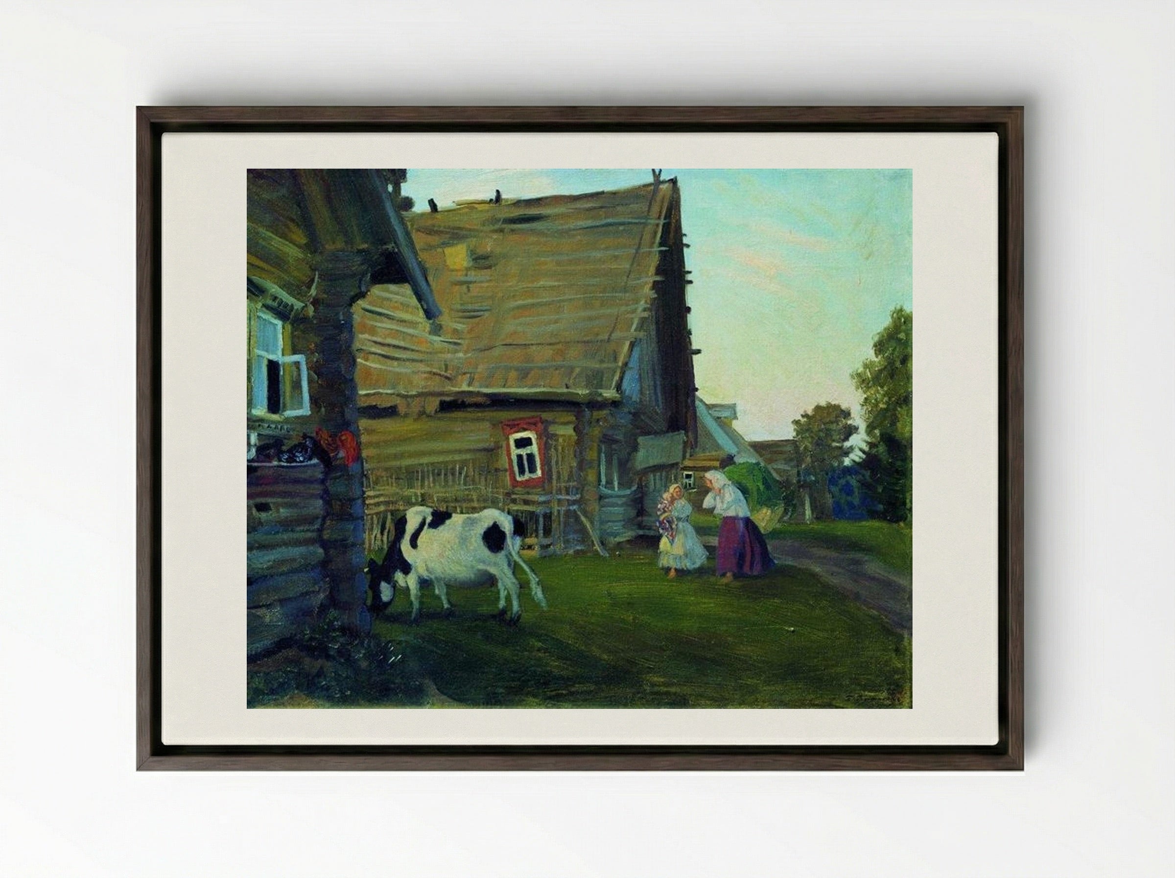 The Hut. Kostroma Province - Boris Kustodiev - Framed Canvas Dark Wood