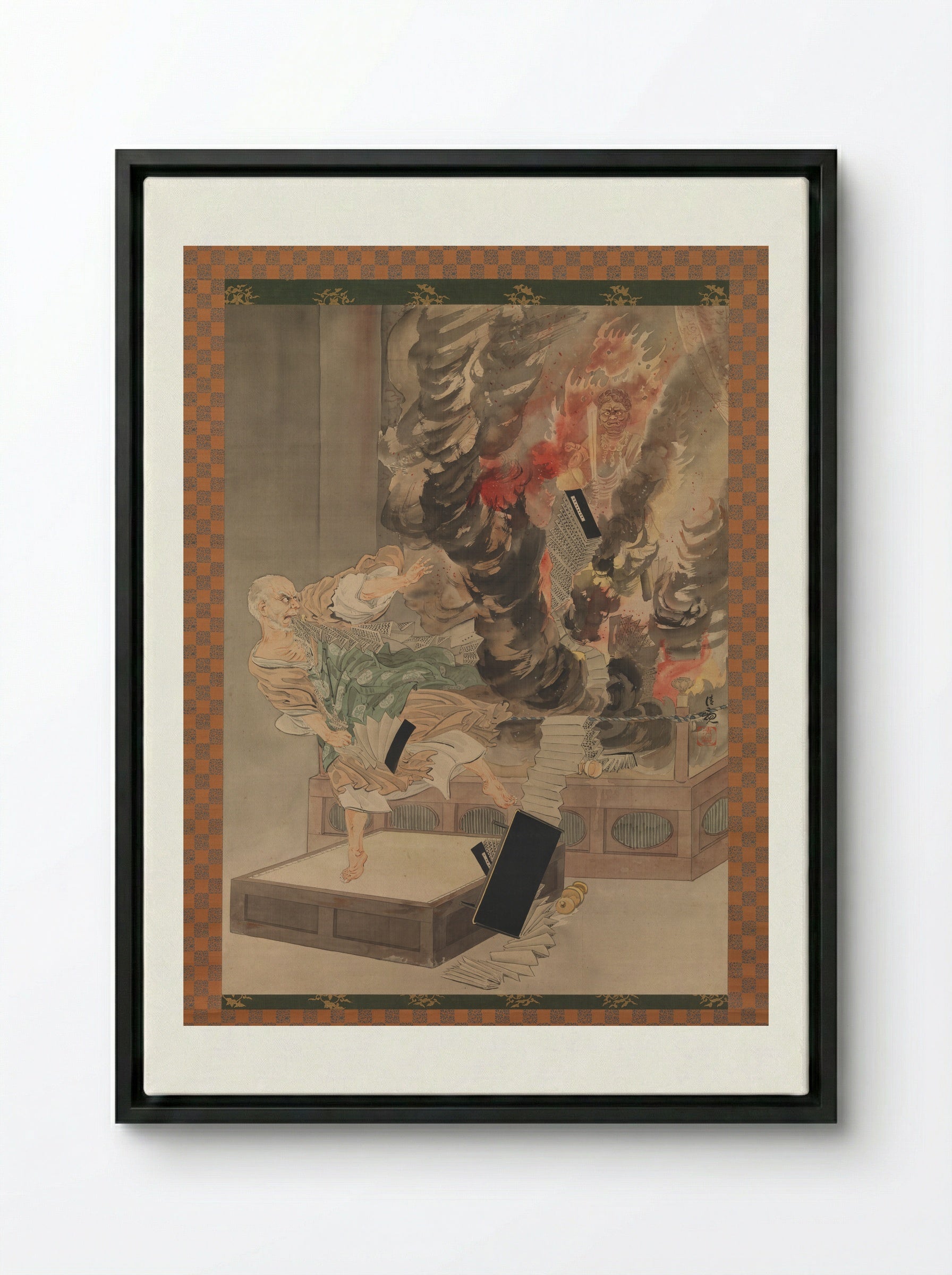 The Fury of Monk Raigō - Kobayashi Kiyochika - Framed Canvas Black