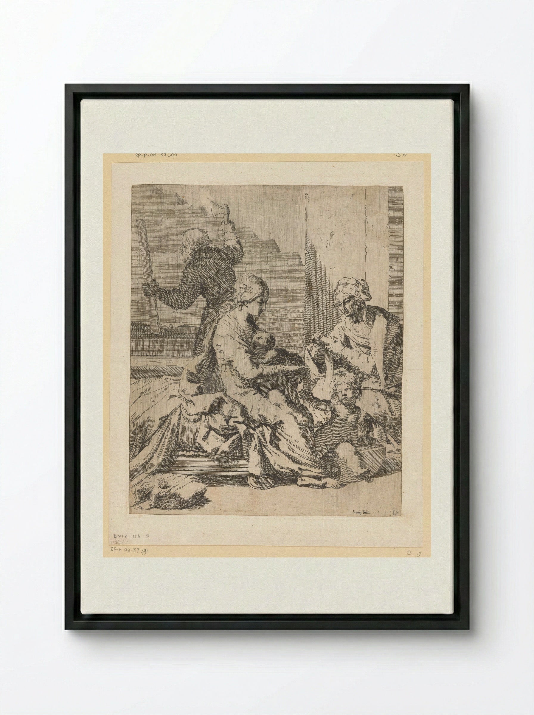 The Holy Family with Saint John the Baptist and Saint Elizabeth - Elisabetta Sirani - Framed Canvas Black