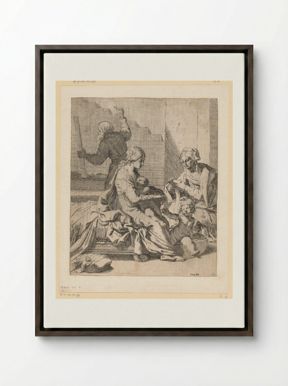 The Holy Family with Saint John the Baptist and Saint Elizabeth - Elisabetta Sirani - Framed Canvas Dark Wood