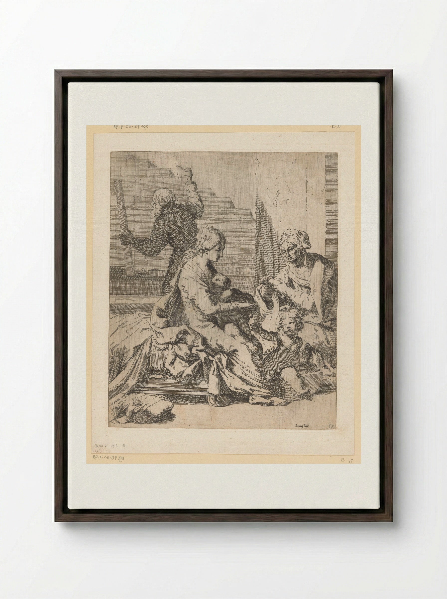 The Holy Family with Saint John the Baptist and Saint Elizabeth - Elisabetta Sirani - Framed Canvas Dark Wood