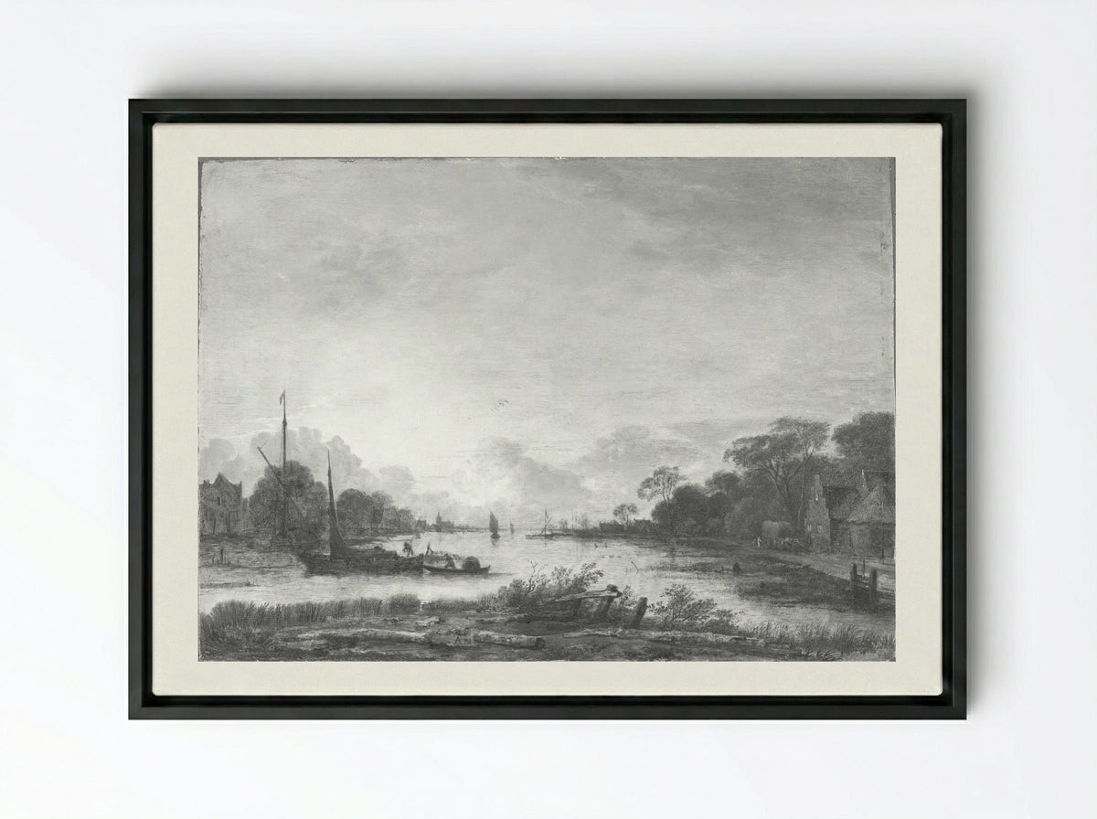River Landscape - Aert van der Neer - Framed Canvas Black
