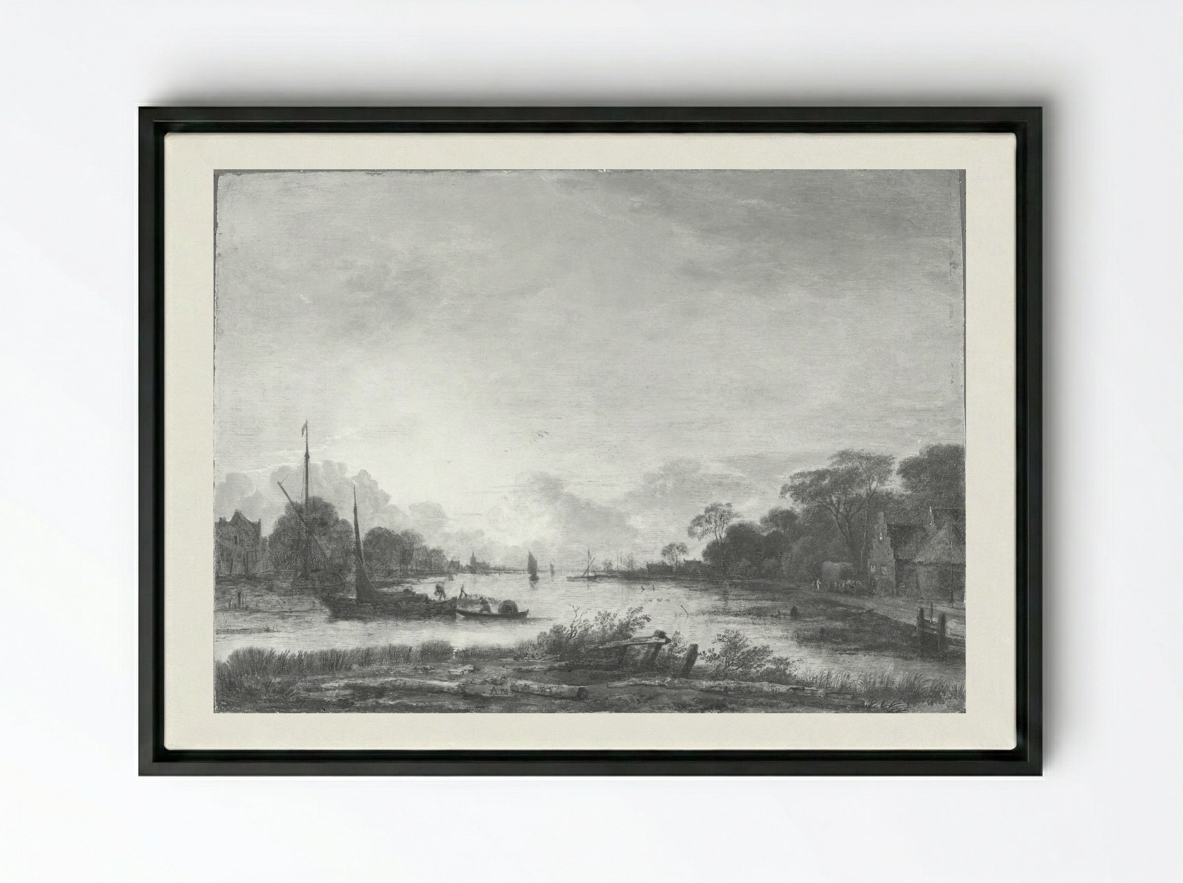 River Landscape - Aert van der Neer - Framed Canvas Black