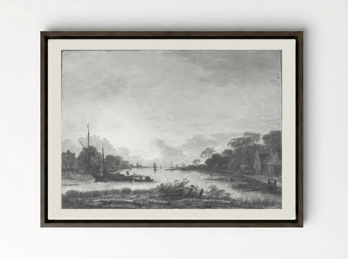 River Landscape - Aert van der Neer - Framed Canvas Dark Wood