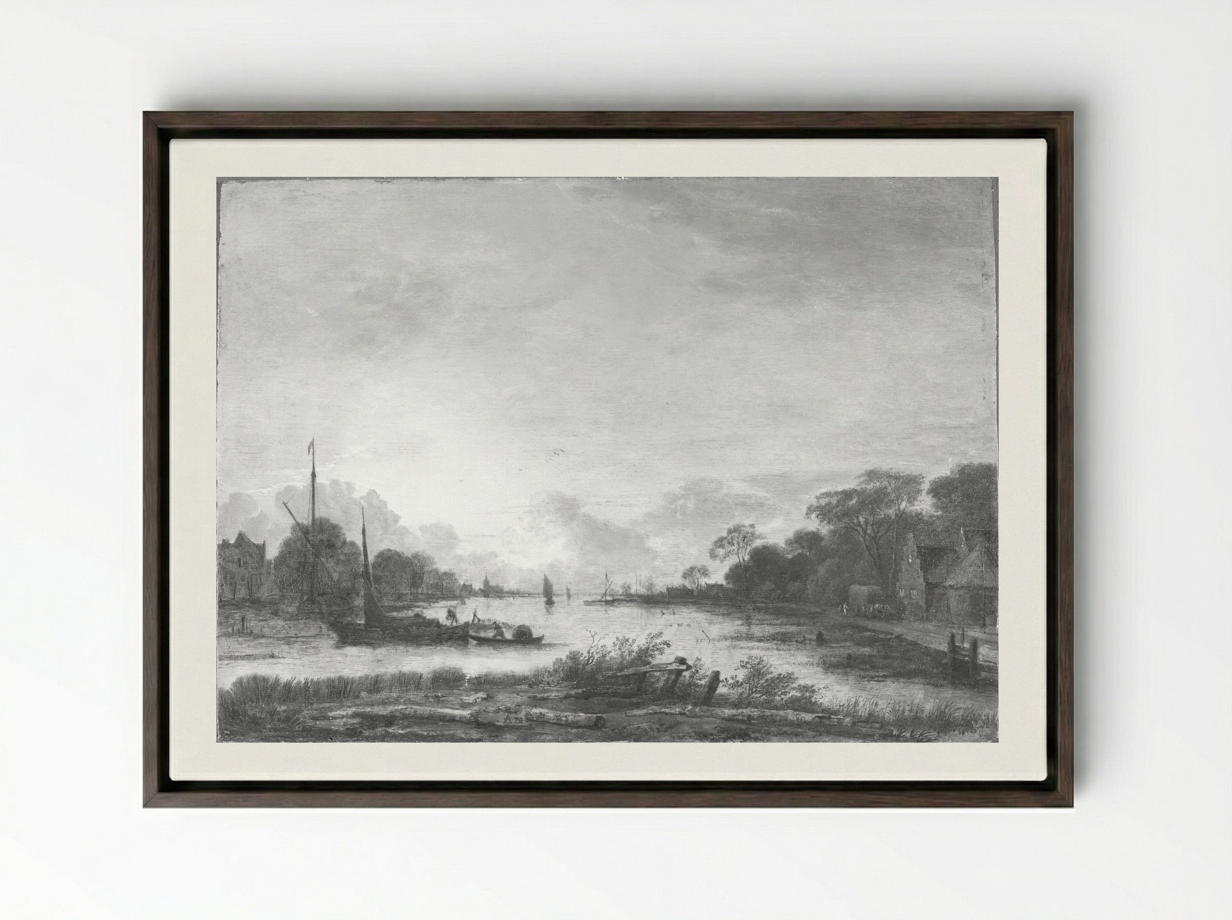 River Landscape - Aert van der Neer - Framed Canvas Dark Wood