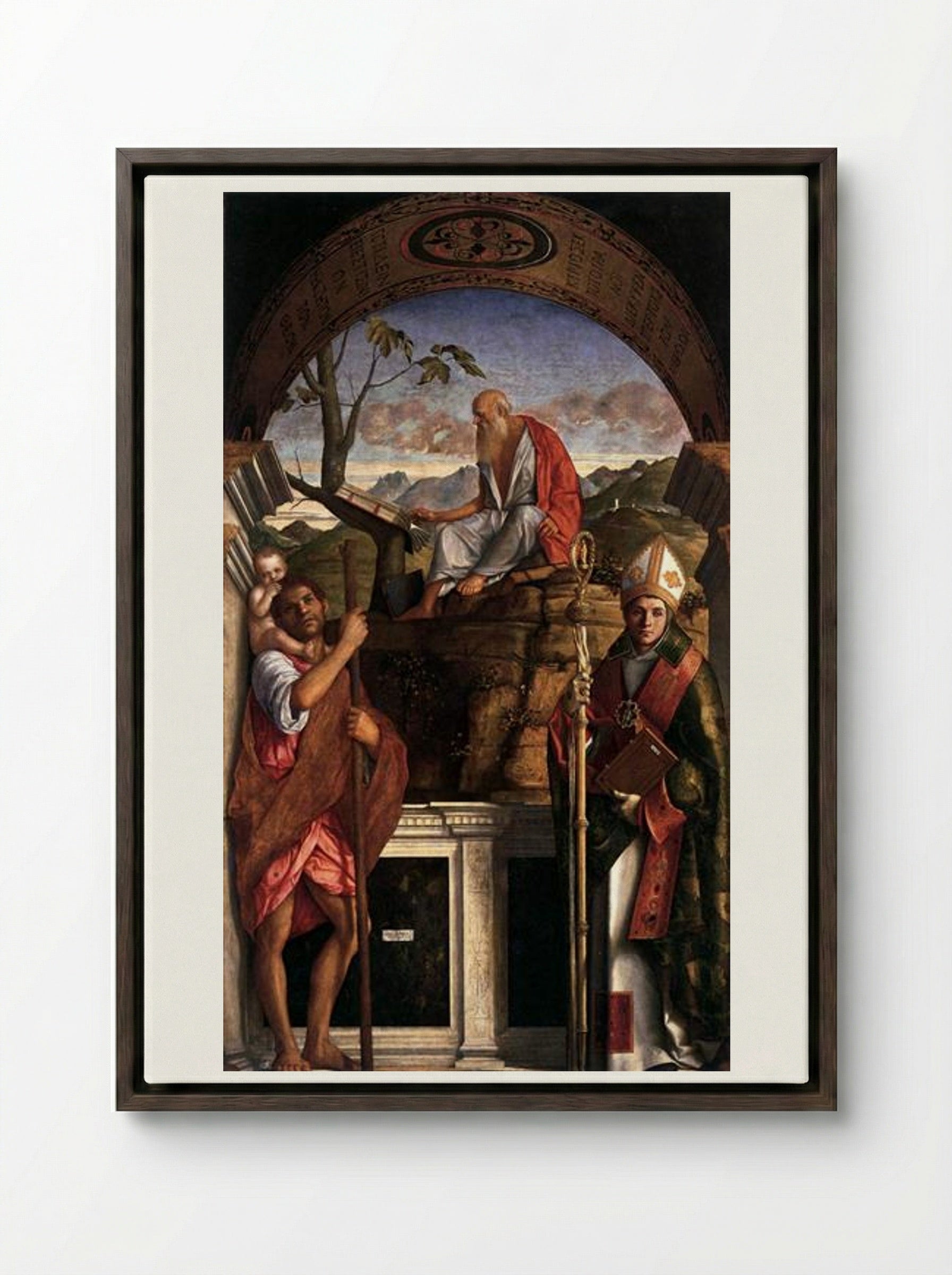 St. Jerome, St. Christopher and St. Augustine - Giovanni Bellini - Framed Canvas Dark Wood