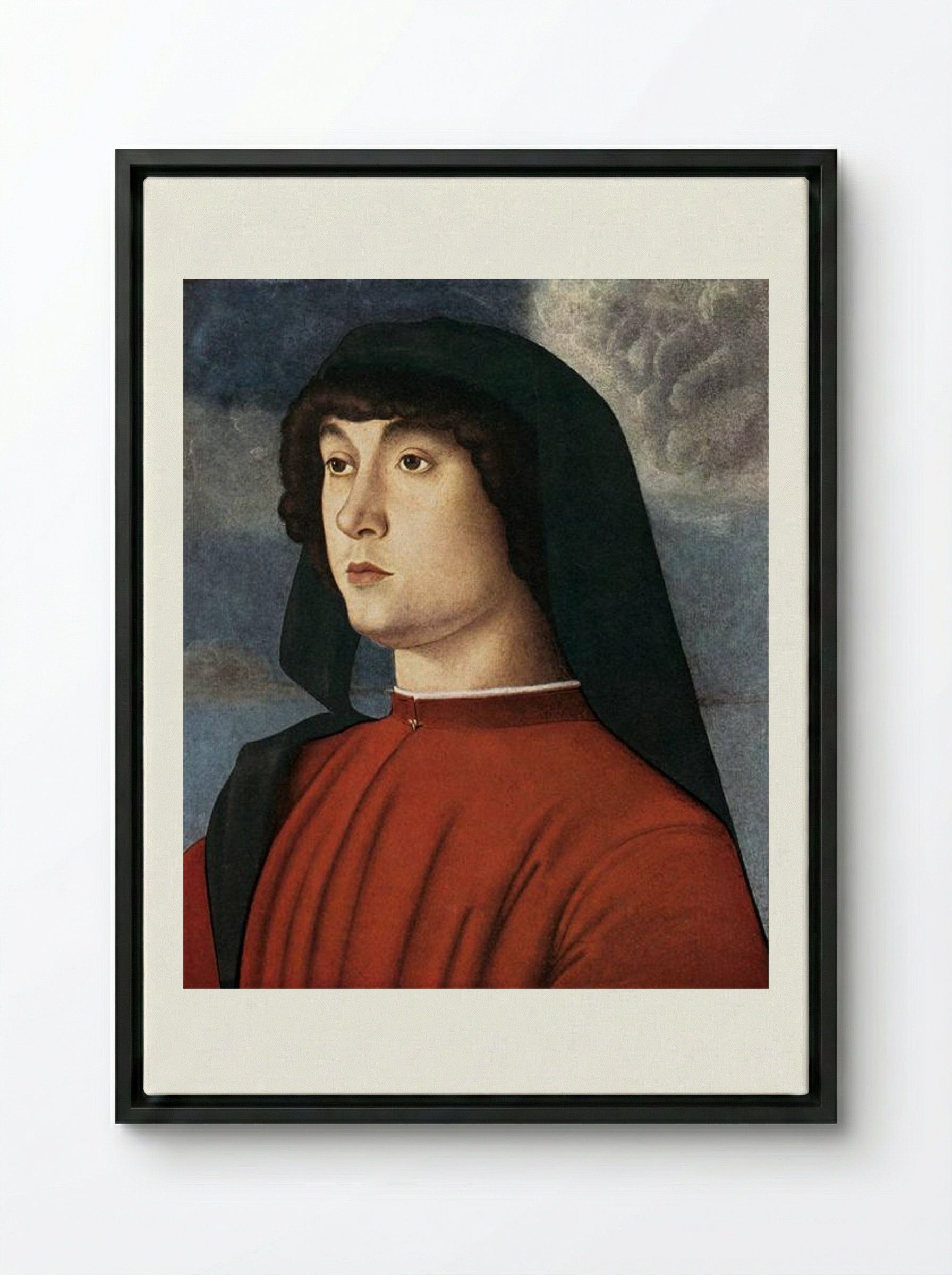 Portrait of a Young Man in Red - Giovanni Bellini - Framed Canvas Black