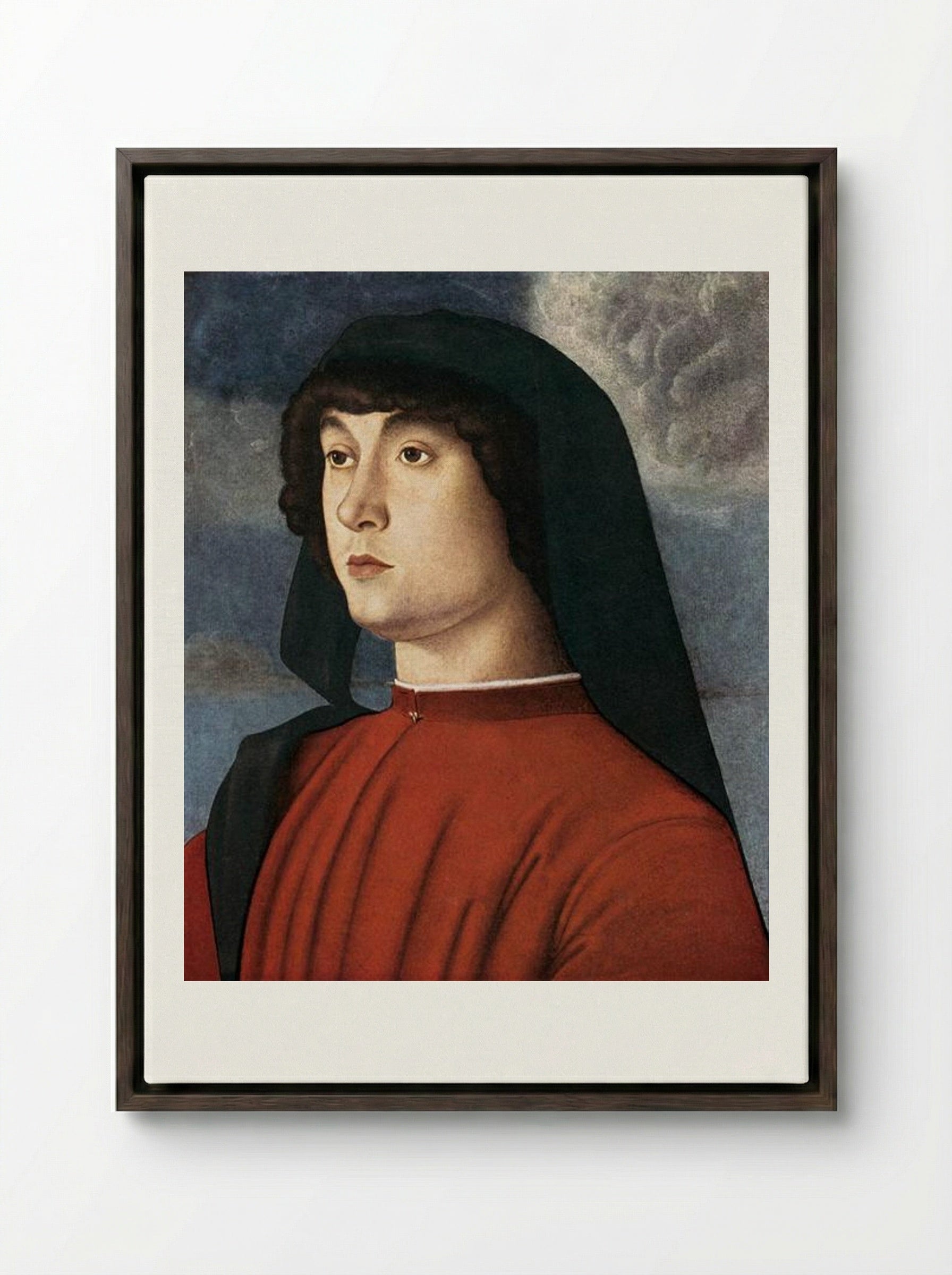 Portrait of a Young Man in Red - Giovanni Bellini - Framed Canvas Dark Wood