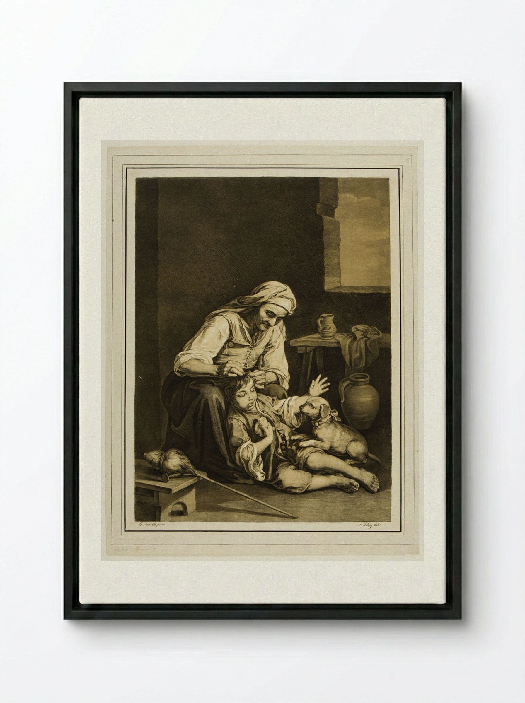Woman, Boy, and Dog - Ferdinand Piloty - Framed Canvas Black