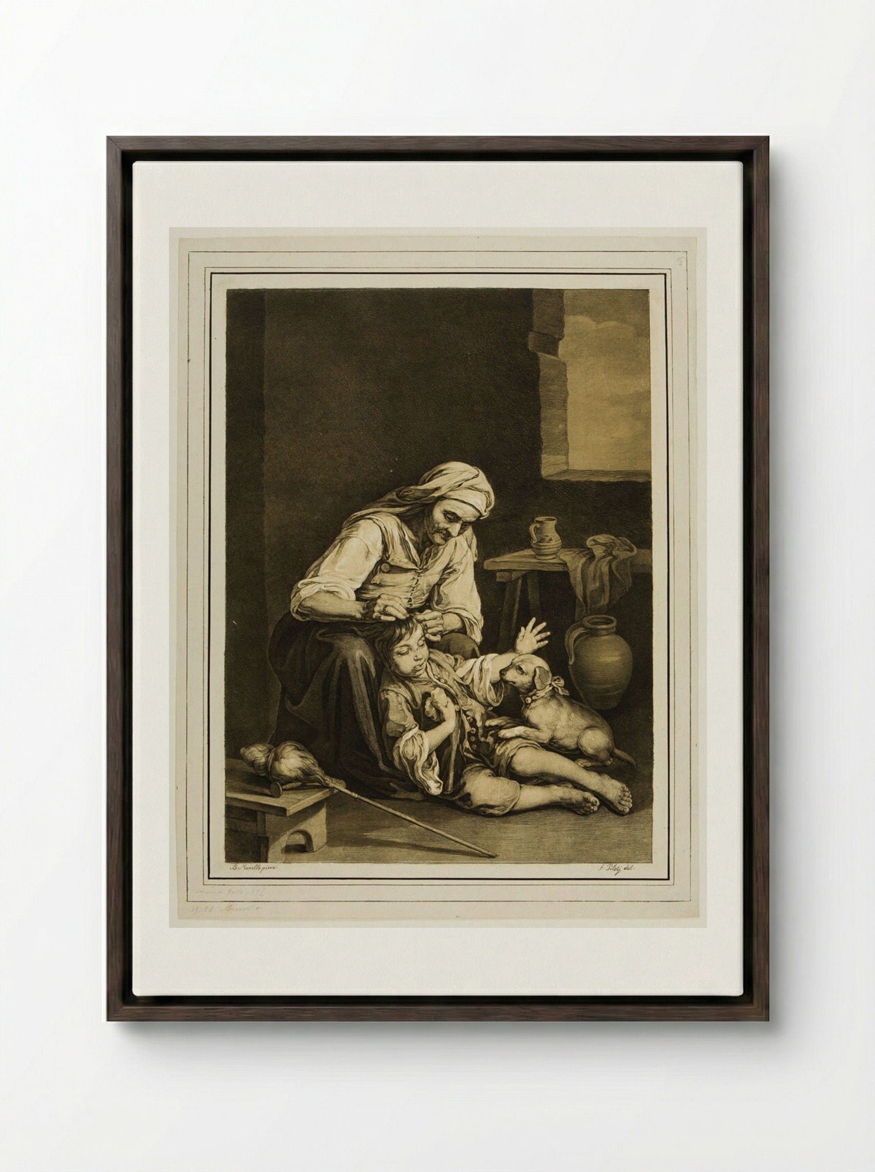 Woman, Boy, and Dog - Ferdinand Piloty - Framed Canvas Dark Wood