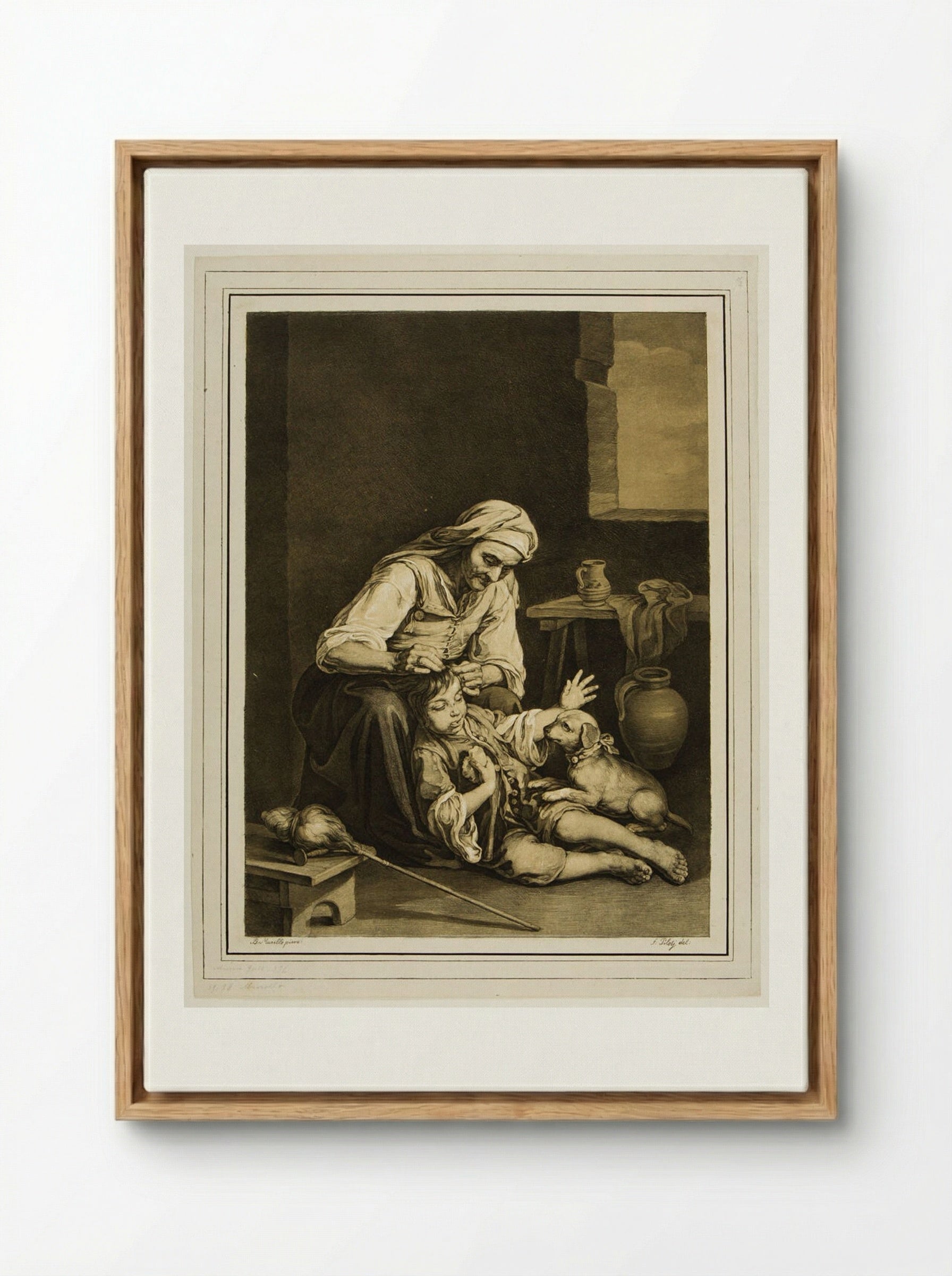 Woman, Boy, and Dog - Ferdinand Piloty - Framed Canvas Wood