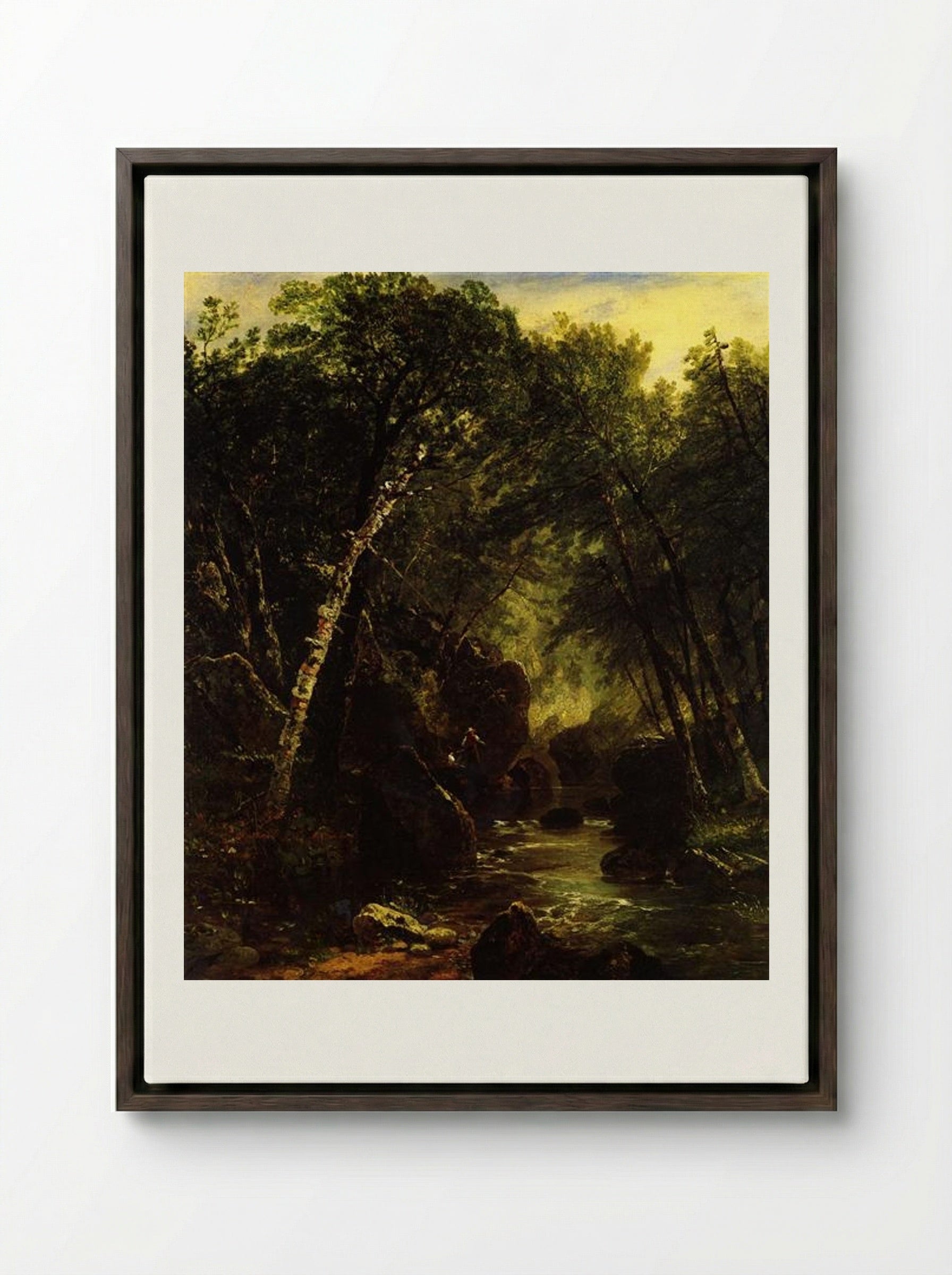 Trout Fisherman - John Frederick Kensett - Framed Canvas Dark Wood
