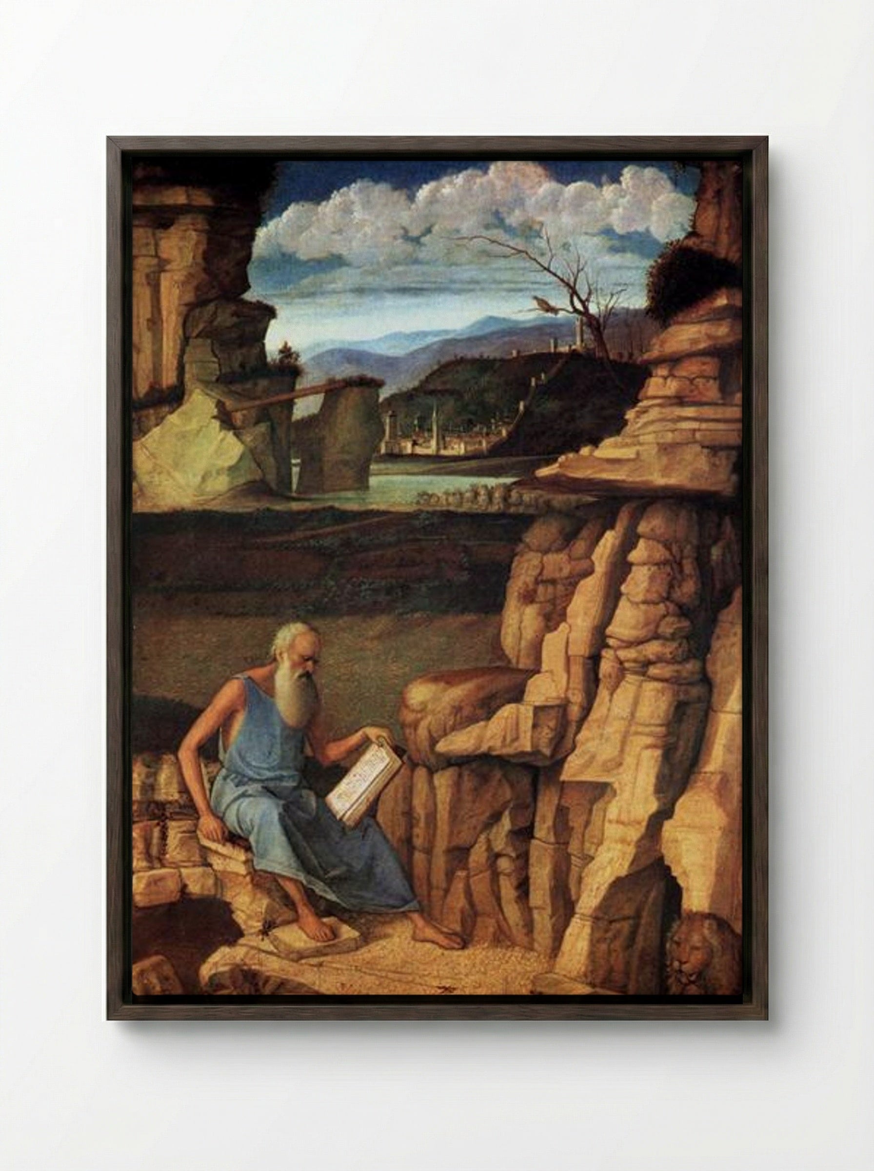 St Jerome Reading in the Countryside - Giovanni Bellini - Framed Canvas Dark Wood