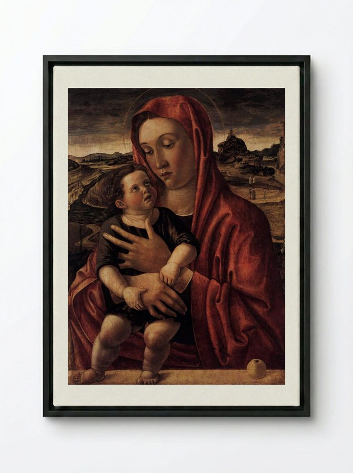 Madonna, with Child Standing on a Parapet - Giovanni Bellini - Framed Canvas Black