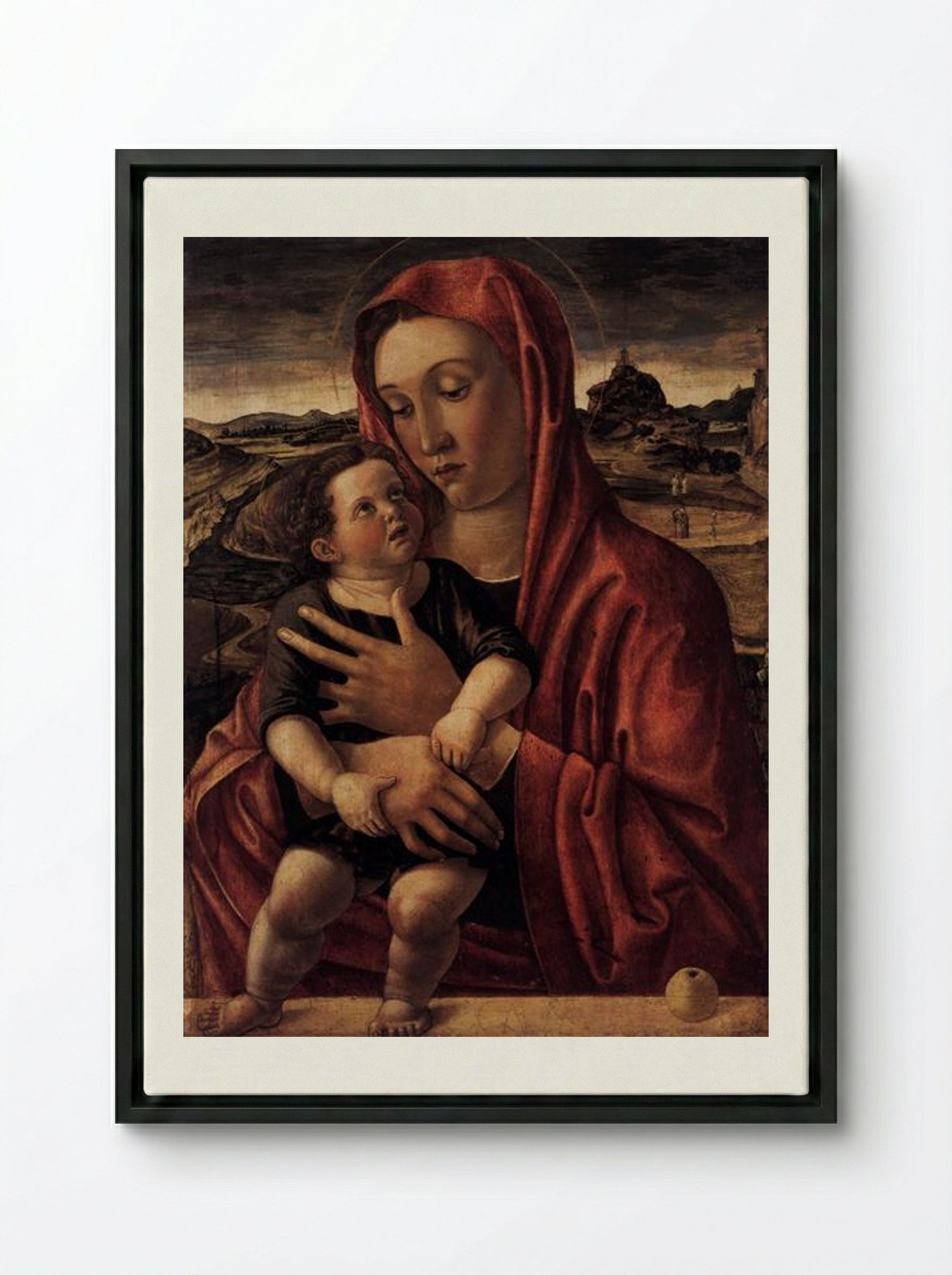 Madonna, with Child Standing on a Parapet - Giovanni Bellini - Framed Canvas Black