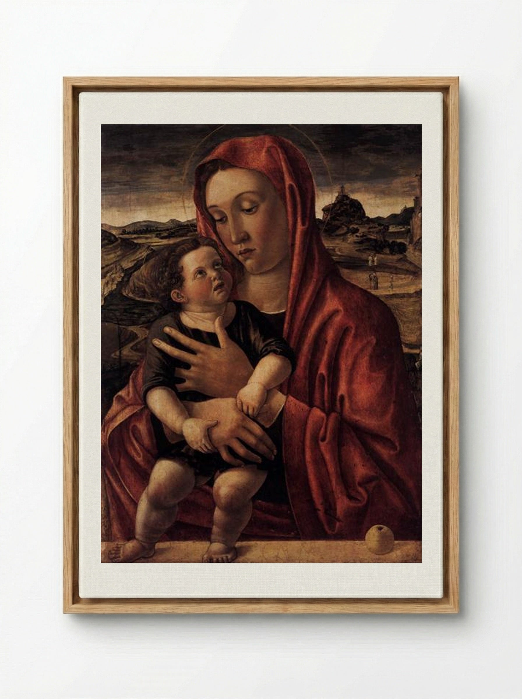 Madonna, with Child Standing on a Parapet - Giovanni Bellini - Framed Canvas Wood