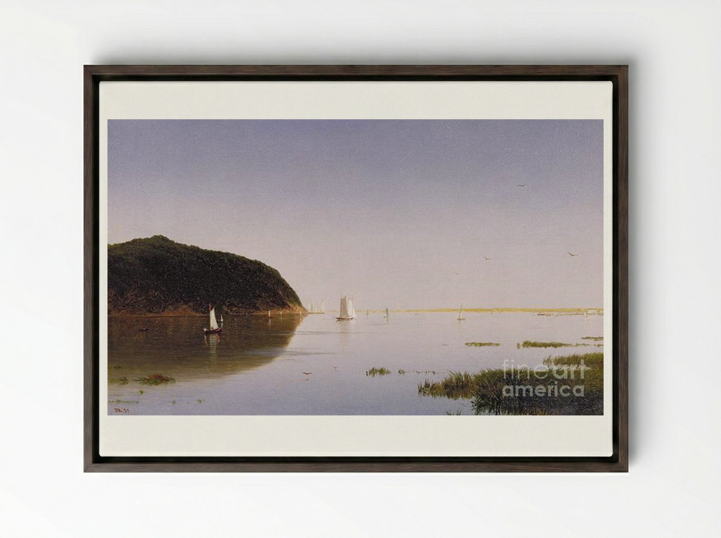 View of the Shrewsbury River, New Jersey - John Frederick Kensett - Framed Canvas Dark Wood