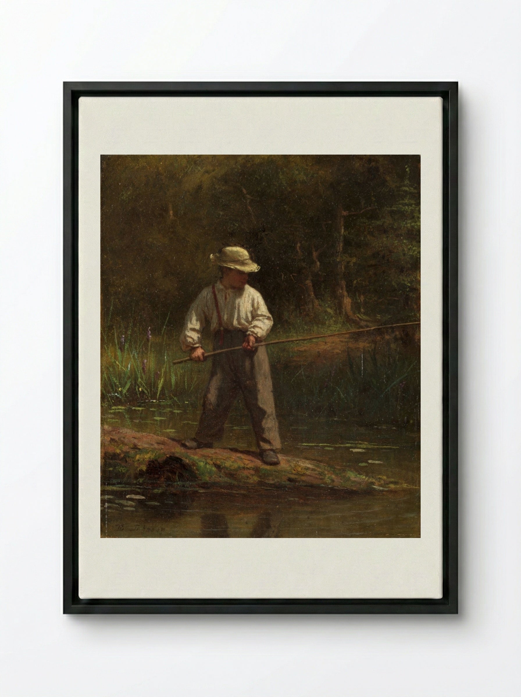 Boy Fishing - Eastman Johnson - Framed Canvas Black