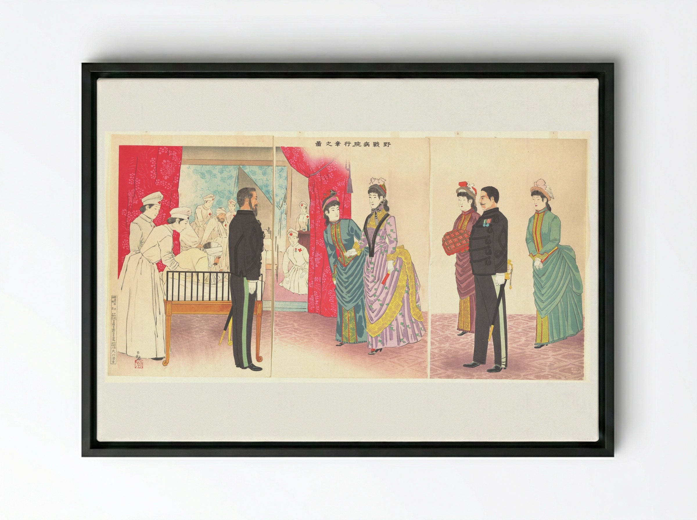 Illustration of the Empress Visiting a Field Hospital - Kobayashi Kiyochika - Framed Canvas Black