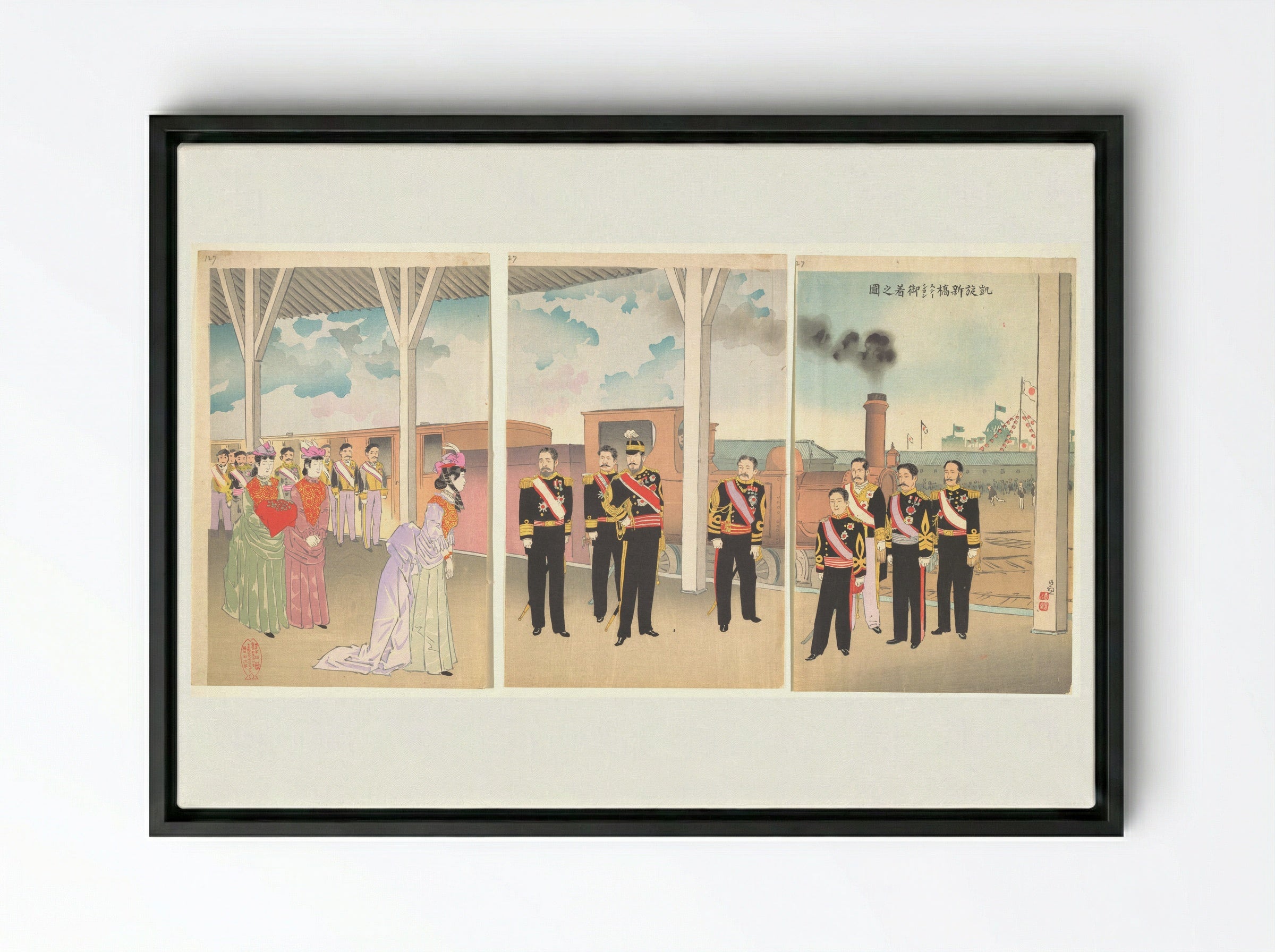 Triumphant Arrival of the Emperor at Shinbashi Station - Kobayashi Kiyochika - Framed Canvas Black