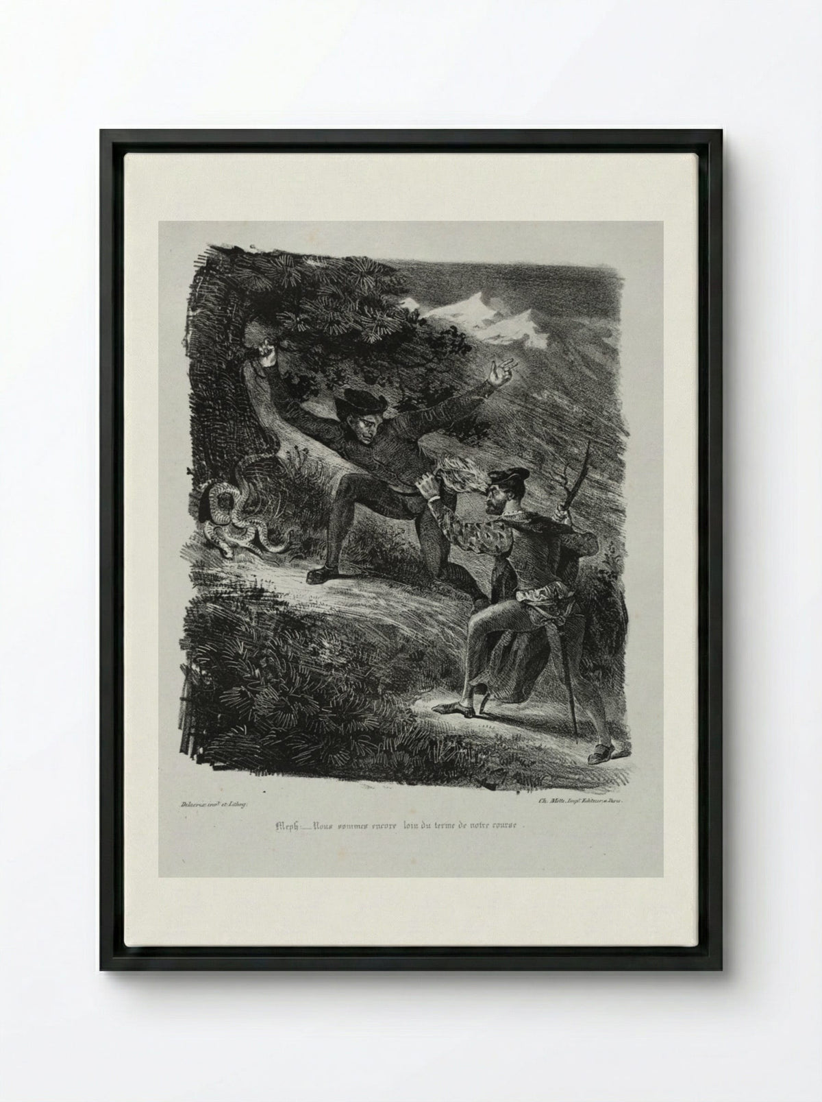 Illustrations for Faust: Faust and Méphistophélés in the mountains of the Hartz - Eugène Delacroix - Framed Canvas Black