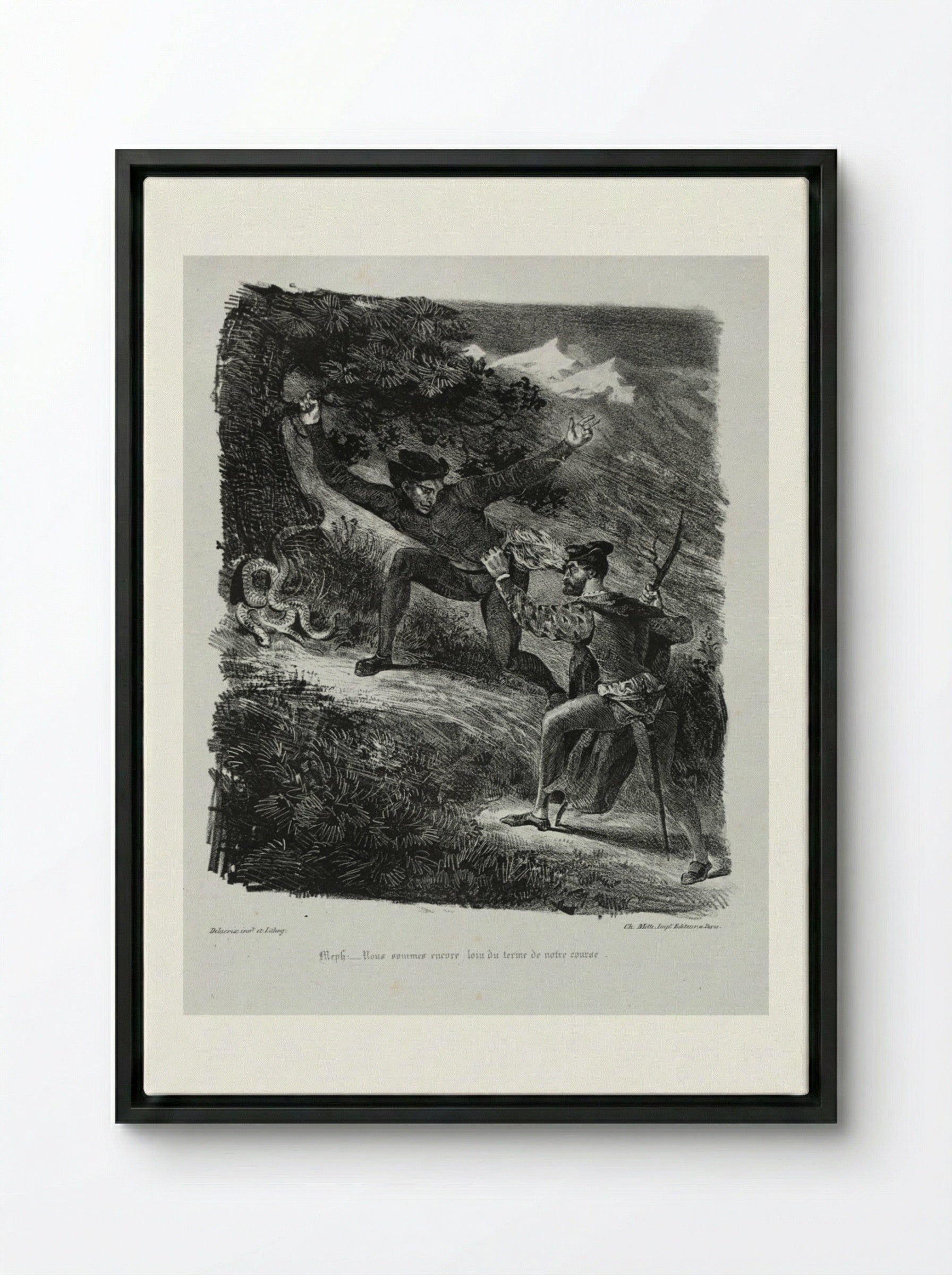 Illustrations for Faust: Faust and Méphistophélés in the mountains of the Hartz - Eugène Delacroix - Framed Canvas Black
