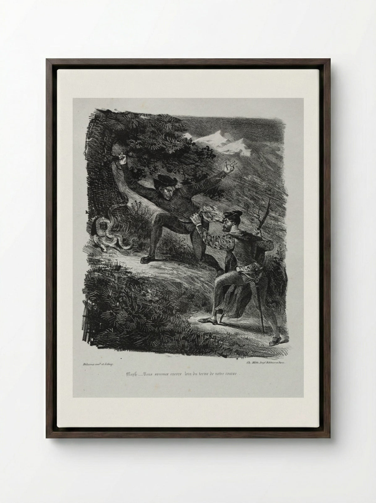 Illustrations for Faust: Faust and Méphistophélés in the mountains of the Hartz - Eugène Delacroix - Framed Canvas Dark Wood
