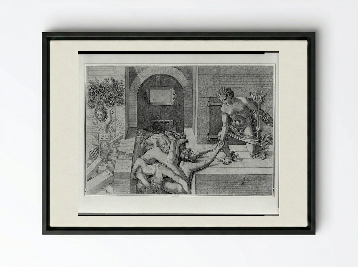 Ignorance and Mercury: An Allegory of Virtue and Vice (Lower Half) - Andrea Mantegna - Framed Canvas Black
